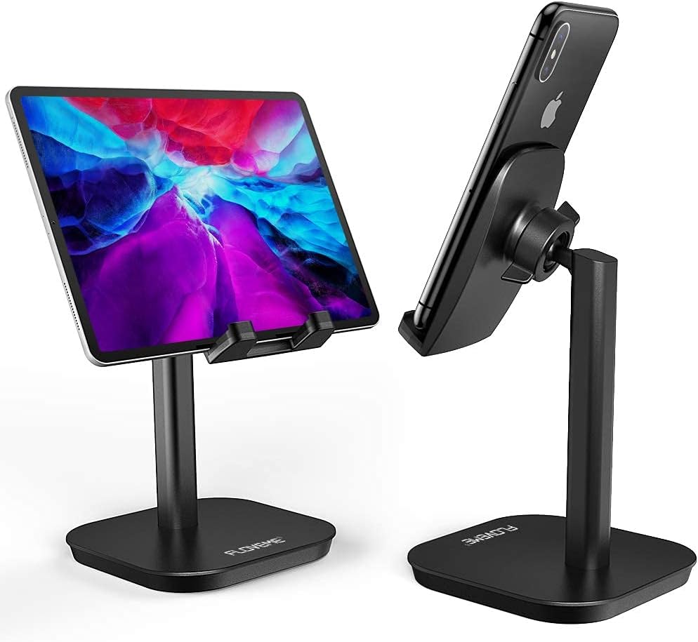 FLOVEME Cell Phone Stand for Desk Compatible for iPad Pro 12.9,iPhone, Samsung Tablets Angle Adjustable Phone Holder Anti-Slip Aluminum Alloy iPhone Stand -Black