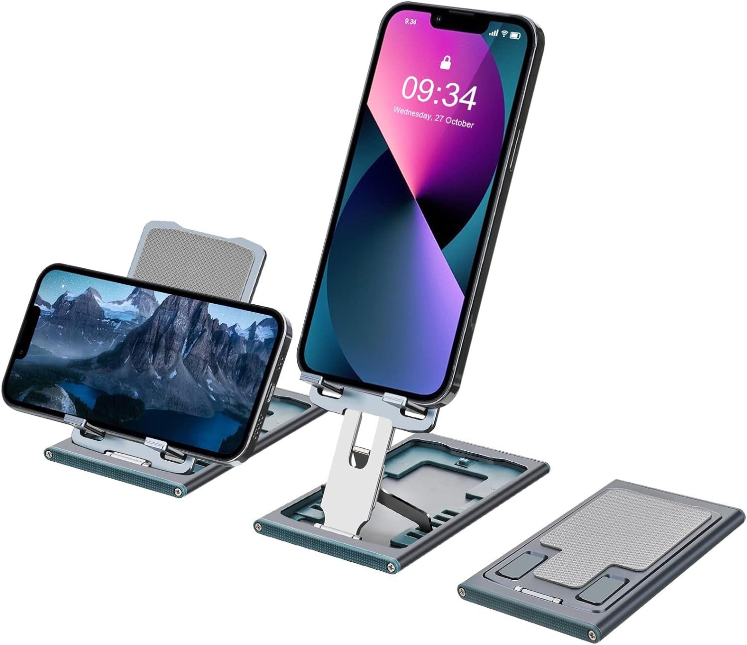 Ultra Thin Foldable Cell Phone Stand, Emmylous Angle Height Adjustable Portable Phone Holder for Desk Aluminum Mobile Phone Cradle Dock Compatible with iPhone, Samsung Galaxy, iPad, Tablets Up to 12”