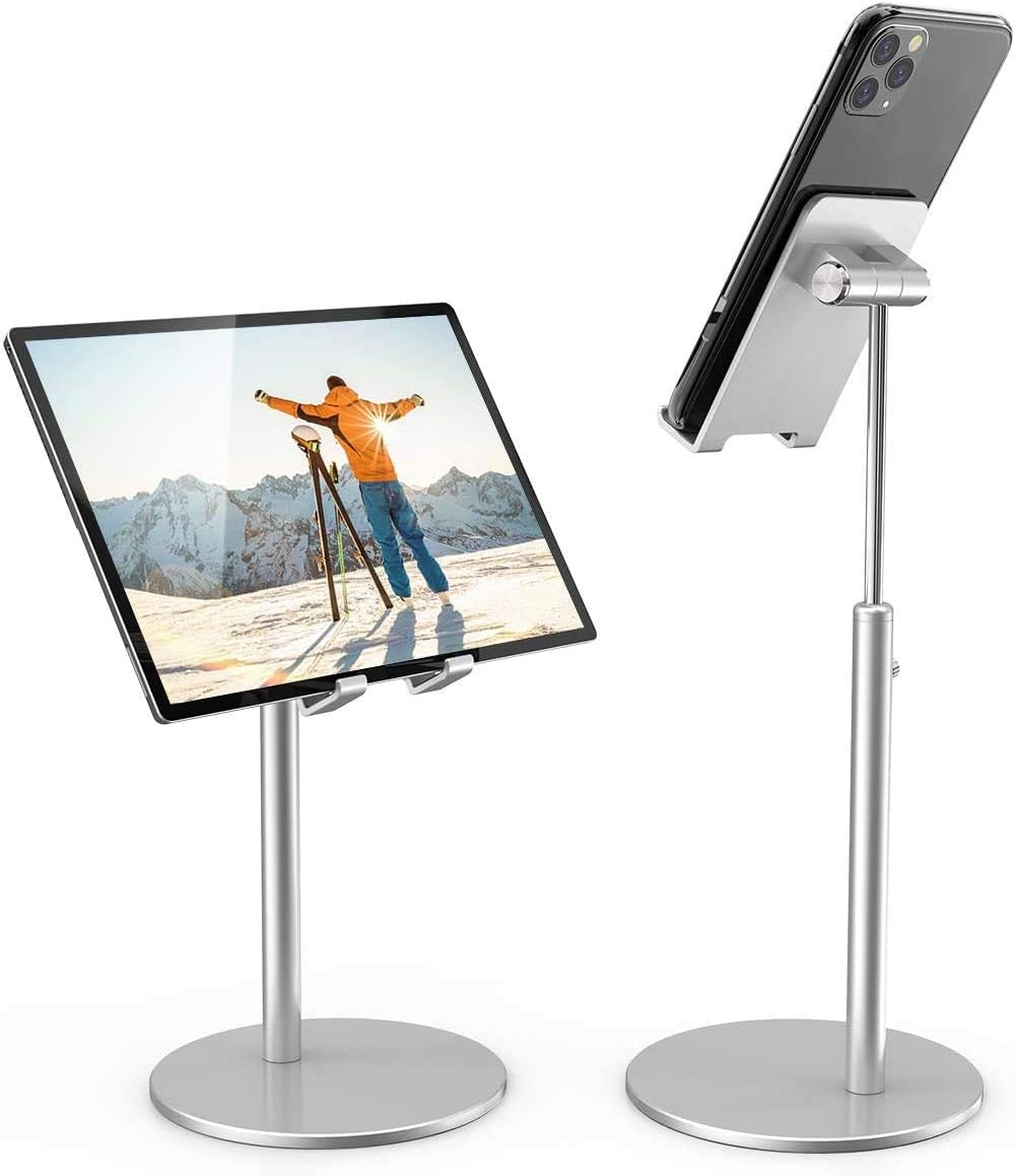 KAERSI iPad Tablet Holder Stand, Height Angle Adjustable Desktop Cell Phone Stand Aluminum Compatible with iPhone iPad Pro 11, 9.7, 10.5 Air Mini 4 3 2, Nexus, Tab, Kindle, E-Reader (4-12'') - Silver