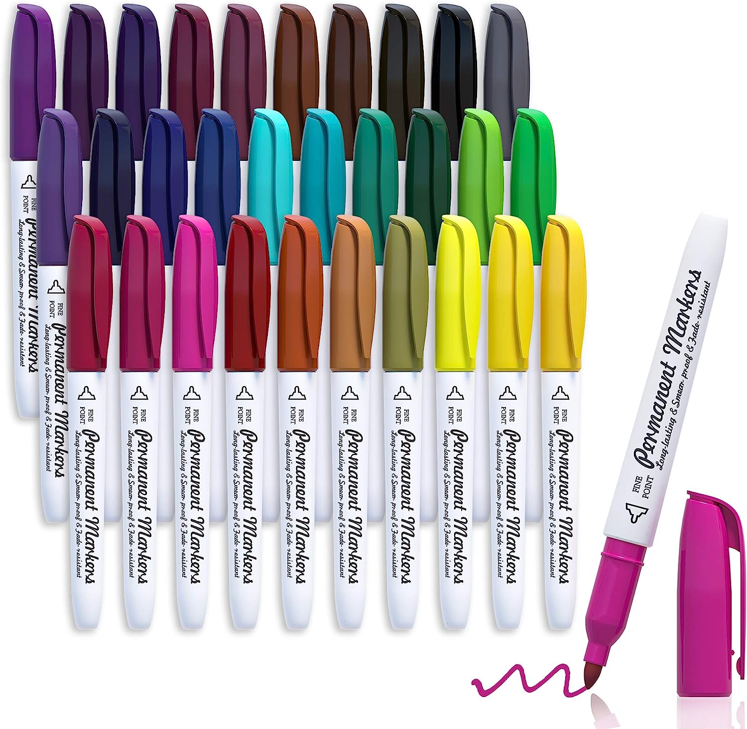 Lelix 30 Colors Permanent Markers, Fine Point, Assorted Colors, Works on Plastic,Wood,Stone,Metal and Glass for Kids Adult Coloring Doodling Marking