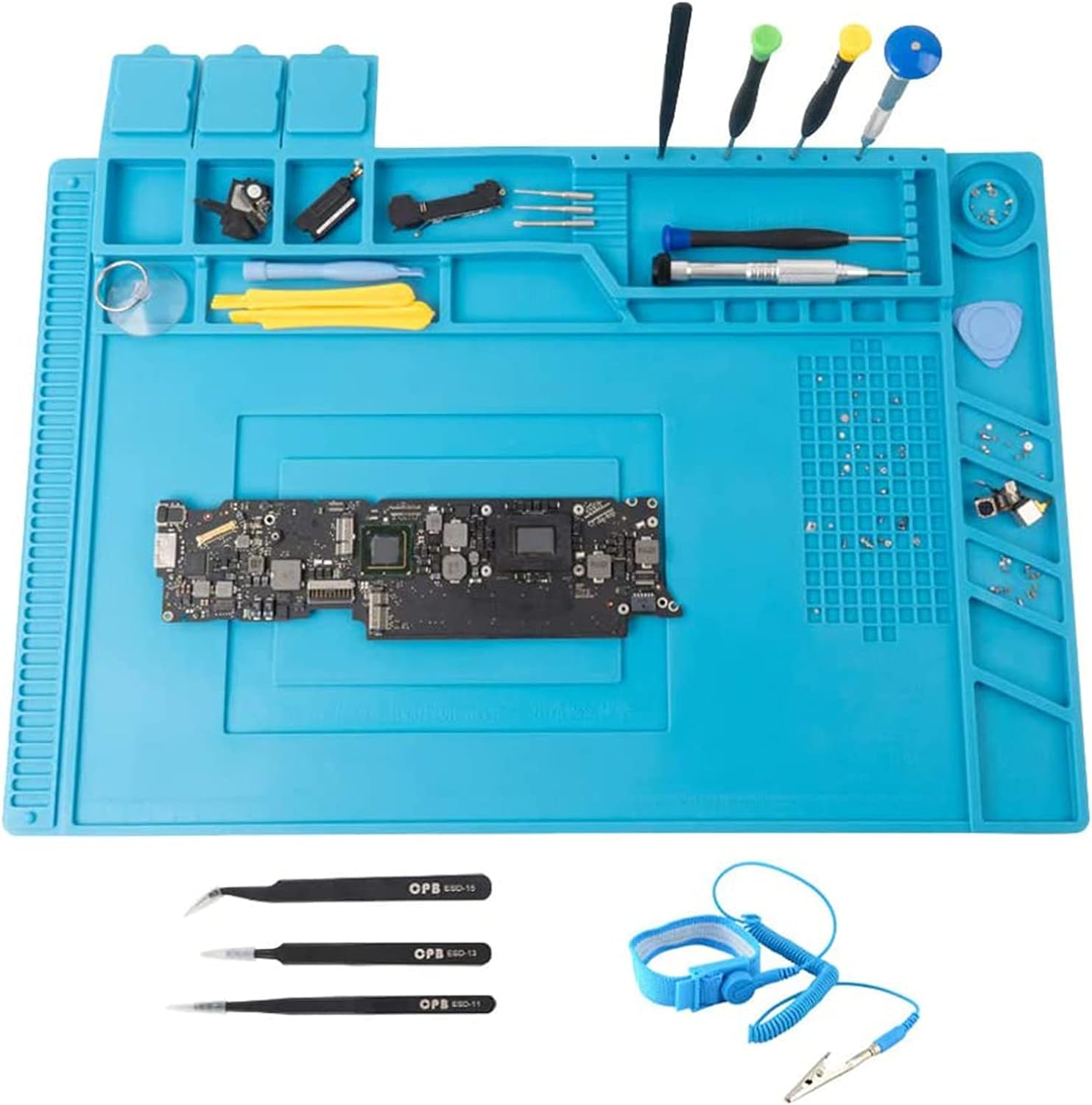 CPB Large Anti Static Silicone Repair Mat, Magnetic Heat Resistant Soldering Mat with ESD Strap and 3 Tweezers for Electronics, Computer, Cellphone Repair (17.8” x 11.8”)-Blue