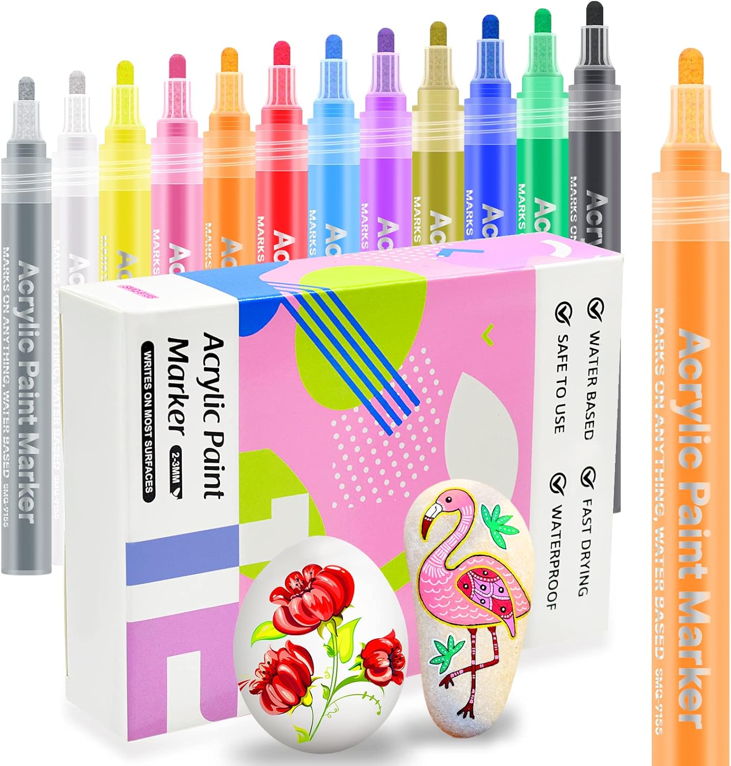 STUOYA Acrylic Paint Markers Pens Set of 12 Colors Paint Pens Medium Tip for Adults and Kids Rock Painting Wood Fabric Canvas Glass Metal Ceramic Stone Pumpkins DIY Art Craft Scrapbooking Supplies