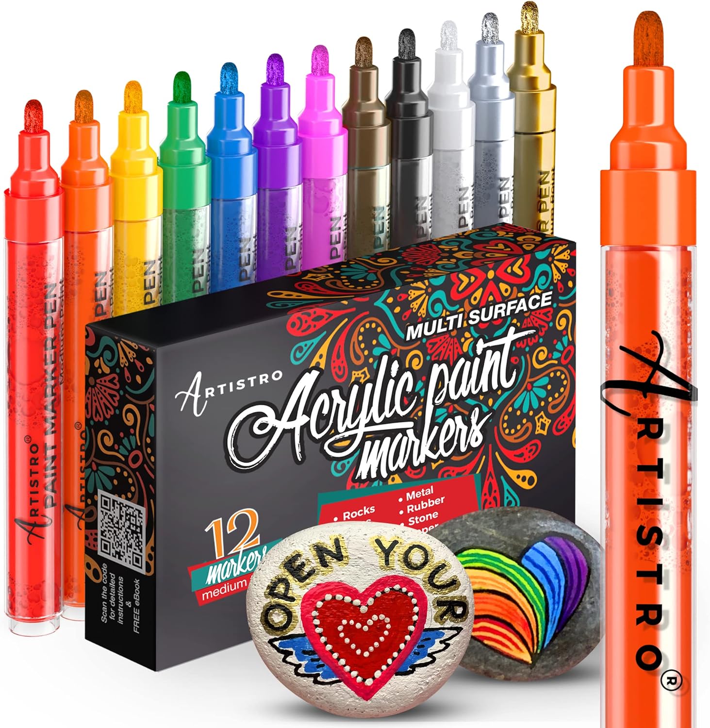 Acrylic Paint Pens for Rock Painting, Stone, Ceramic, Glass, Wood, Fabric, Canvas, Porcelain, Metal. Set of 12 Acrylic Paint Markers Medium Tip