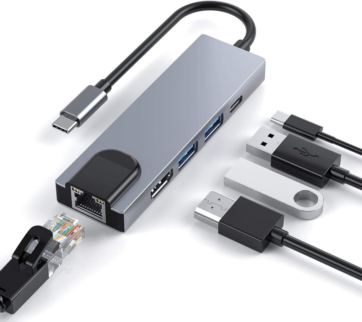 USB C Hub, 5 in 1 MacBook Adapter with 4K HDMI, PD Charging, RJ45 Ethernet, 2 USB 3.0 A Ports, USB C Dongle Compatible with MacBook Pro/ Air, Chromebook Pixel, USB C Laptops/ Tablets