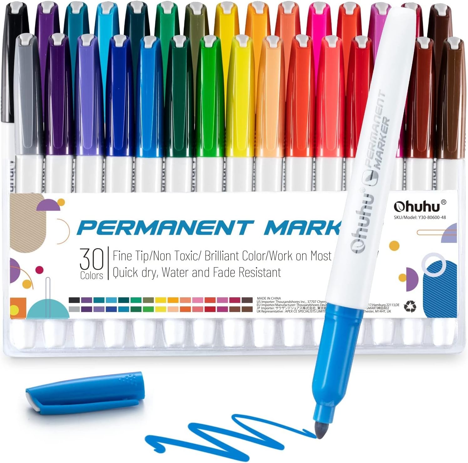 Assorted Color Permanent Markers Ohuhu: Fine Point 30 Colors Permanent Marker Set For Adult Coloring Drawing Painting Alcohol Based Art Paint Markers Pens Colorful Non-Toxic