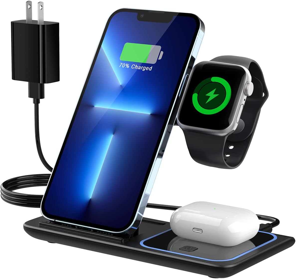 Wireless Charger, 3 in 1 Fast Wireless Charging Station, 18W Foldable Charging Stand Compatible with Apple Watch Series 7/6/5/4/3/2 AirPods 3/2/Pro iPhone 13/12/11/Pro/XS/Xs Max/XR/X/SE/8/8 Plus