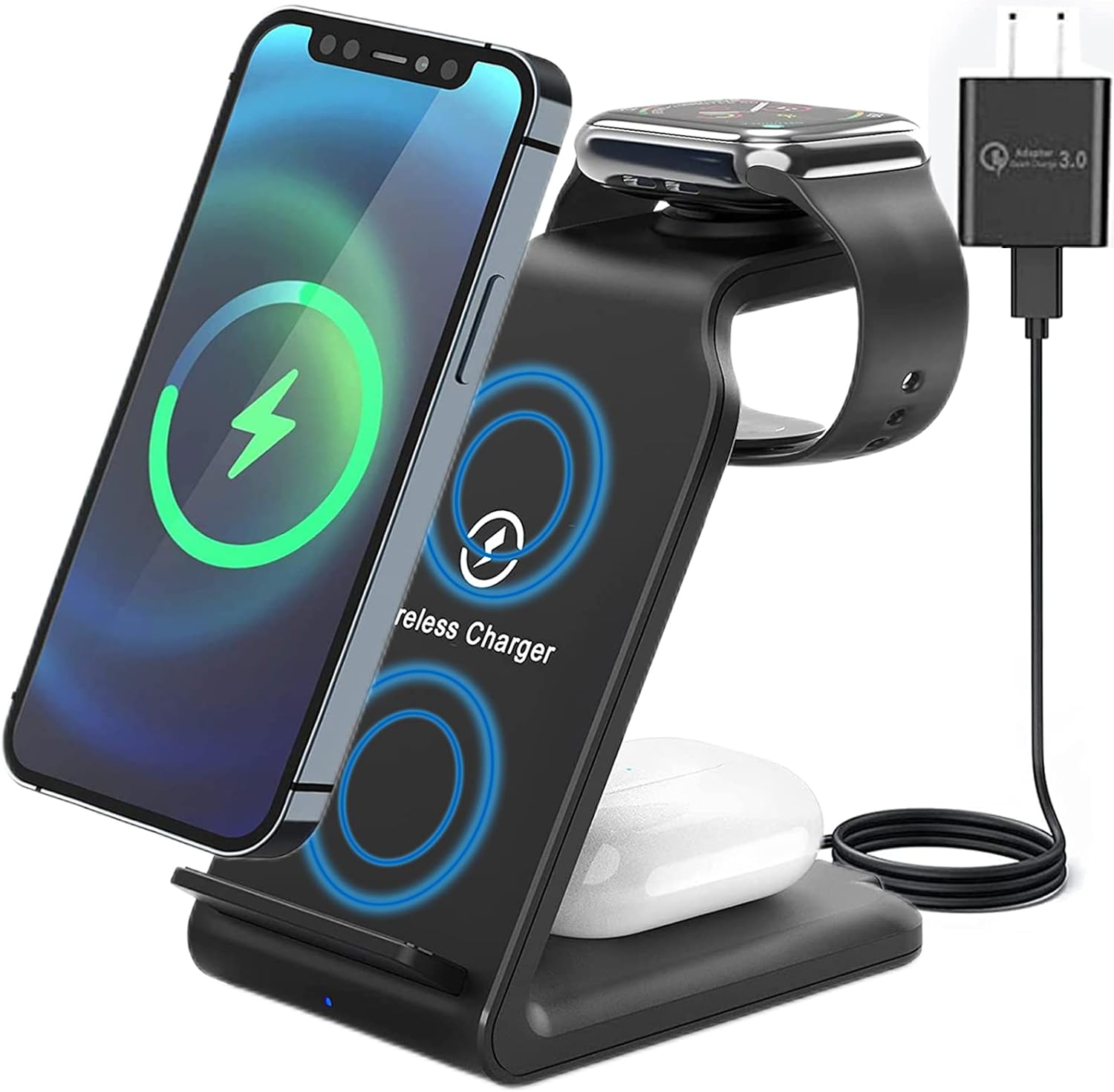 Wireless Charging Station, 3 in 1 Wireless Charger Stand with QC 3.0 Adapter, 15W Fast Charging Station for iWatch 6 SE 5 4 3 2, Airpods Pro/2, iPhone 13Pro Max/13 Pro/13/12/12Pro/11/11 Pro/X/Xr