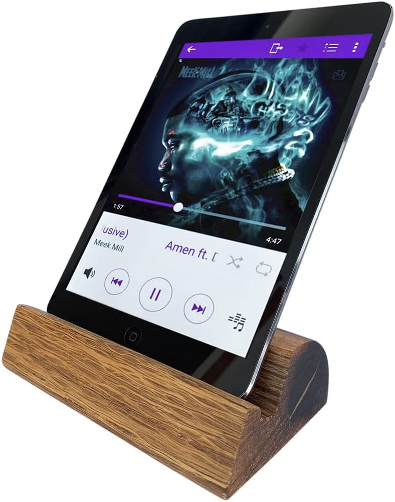 Oak Tablet Stand - Handmade by Hesse Woods from Sustainable Forests, Pad Cradle Mobile Holder with Deep Wood Mountain Cut Minimalist Design for Office Desk, Kitchen, Work (Bi-Color, 6 in. Wide)