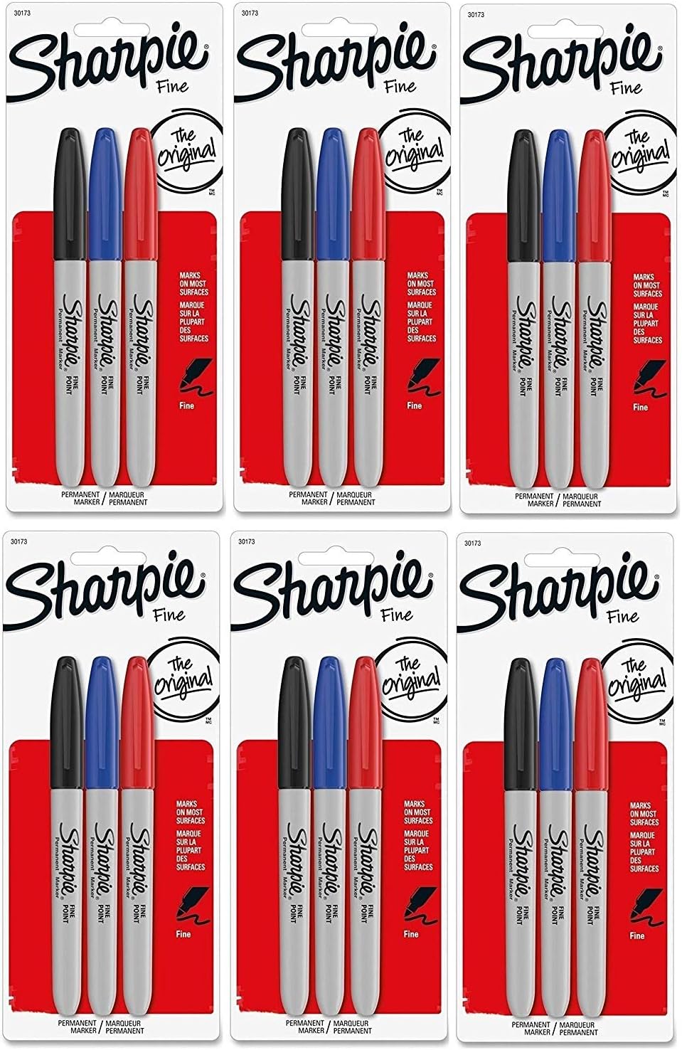 Sharpie 30173PP Permanent Markers (Pack of 6), Fine Point, Assorted Colors, 6 Blister of 3 Markers, 18 Markers Total