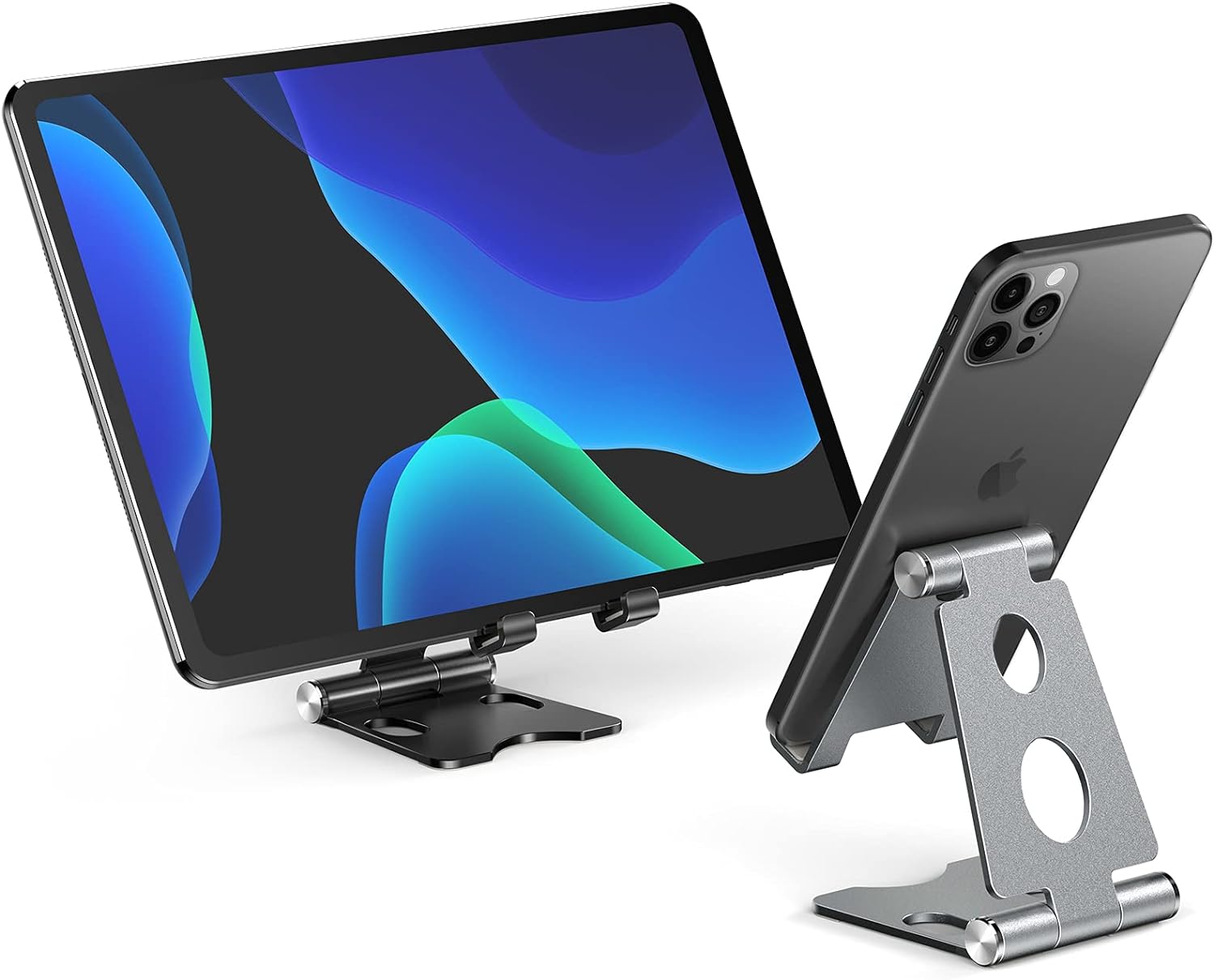2 Pack Cell Phone Stand, iPhone Stand for Desk, Adjustable Aluminum Phone Holder for Desk, Fully Foldable, Desk Phone Holder Cradle , Compatible with iPhone 13 12 Pro Max, iPad Mini, Black Space Gray