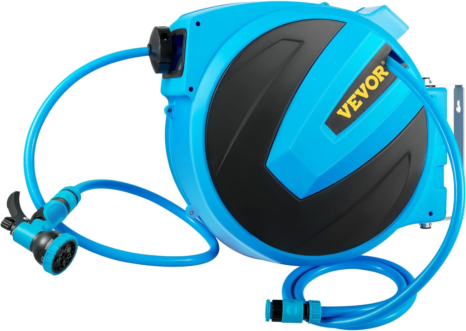 VEVOR Retractable Hose Reel, 5/8 inch x 50 ft, Any Length Lock & Automatic Rewind Water Hose, Wall Mounted Garden Hose Reel w/ 180° Swivel Bracket and 7 Pattern Hose Nozzle, Blue