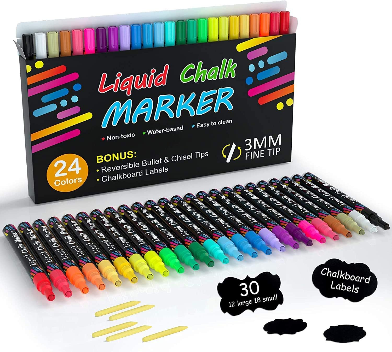 Shuttle Art Chalk Markers, 24 Vibrant Colors Liquid Chalk Markers Pens for Chalkboards, Windows, Glass, Cars, Erasable, 3mm Reversible Fine Tip with 30 Chalkboard Labels for Office Home Supplies