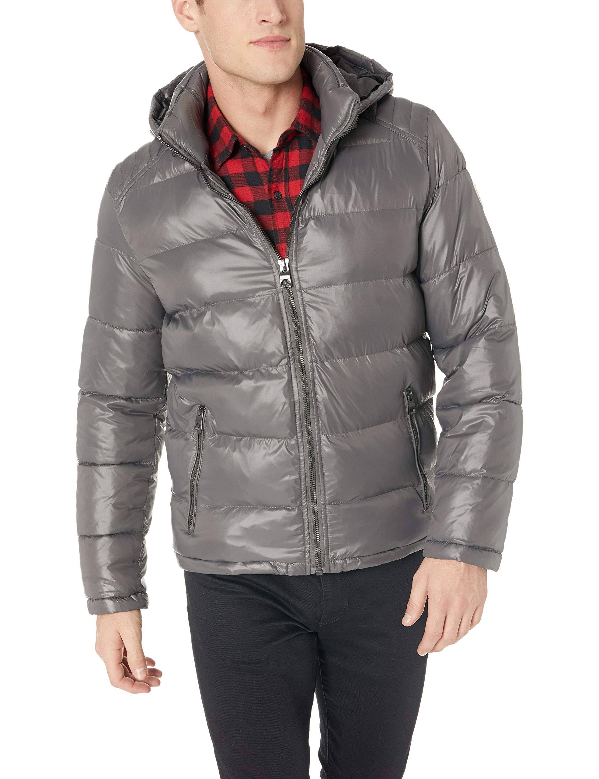 Guess Men&s Hooded Puffer Coat - Smoke