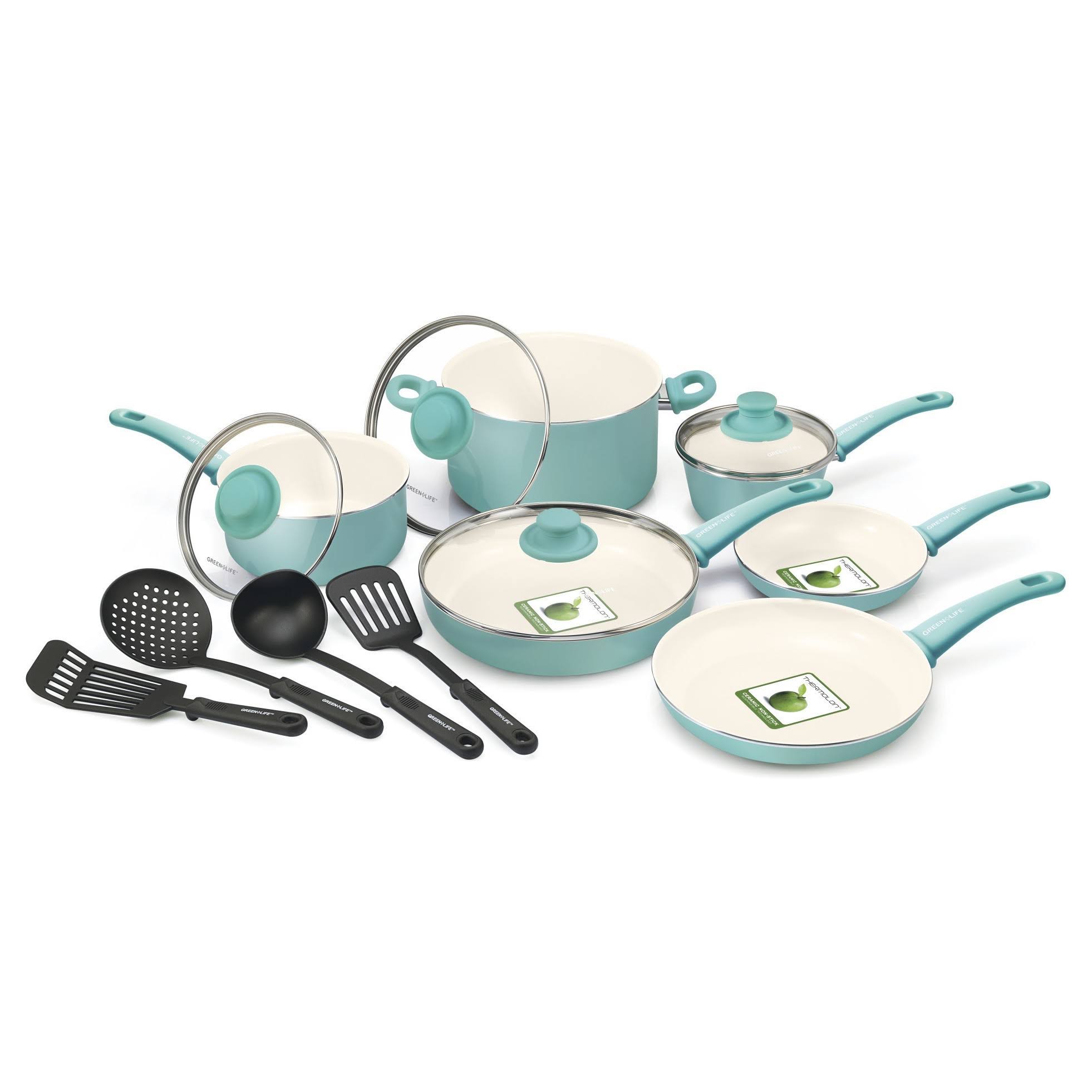 GreenLife Ceramic Non-Stick 14-Piece Cookware Set, Turquoise