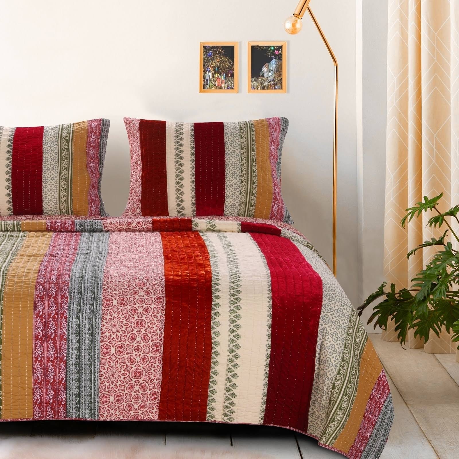 Greenland Home Fashions Marley Oversized Cotton 3-Piece Quilt Set - Cranberry - King - Cal King