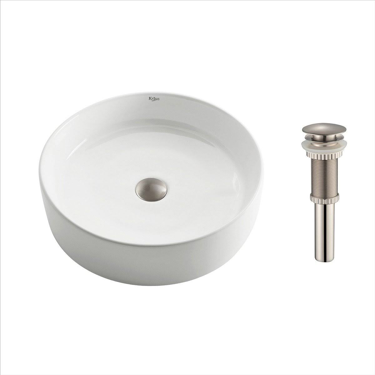 Kraus KCV-140-CH Round Ceramic Vessel Bathroom Sink with Pop-Up Drain White - Chrome