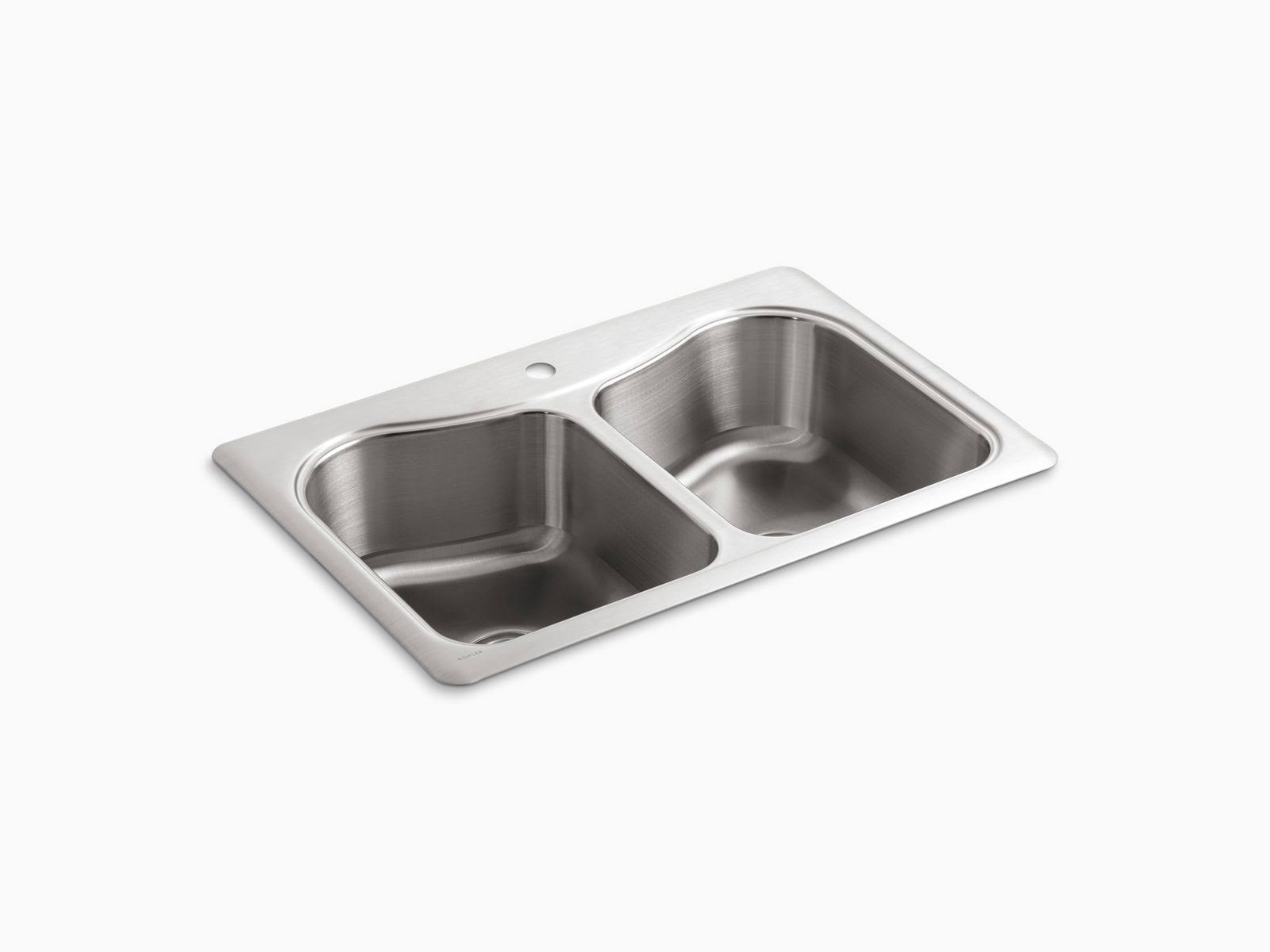 Staccato Top-Mount Double Bowl Kitchen Sink with Single Faucet Hole, Stainless Steel Kohler K-3369-1-NA