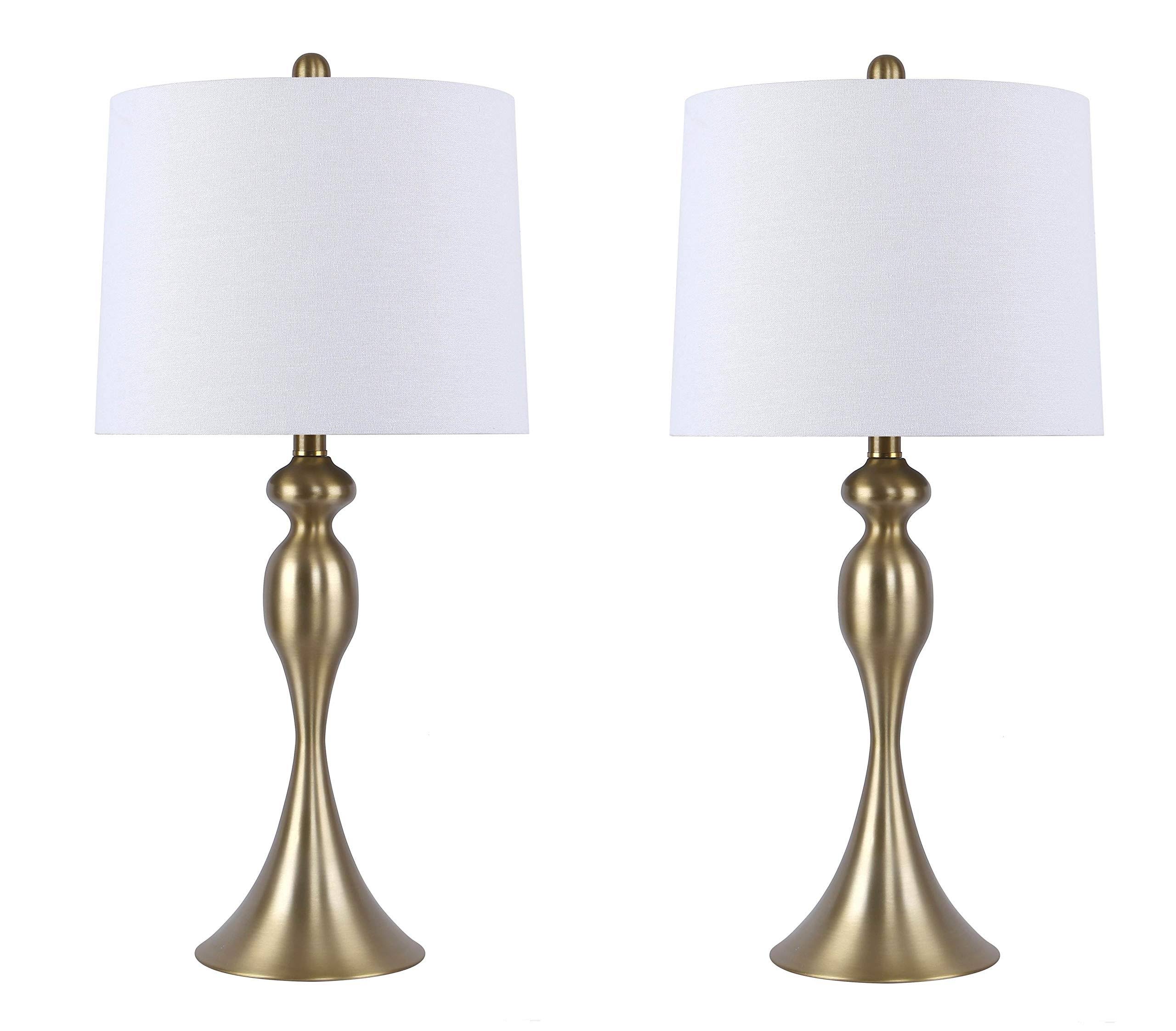 27x22 Plated Gold Curved Table Lamp Set w/ White Linen Shades