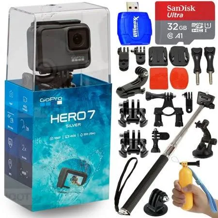 GoPro Hero7 Silver 12MP Waterproof 4K Camera Camcorder + 32GB Action Bundle