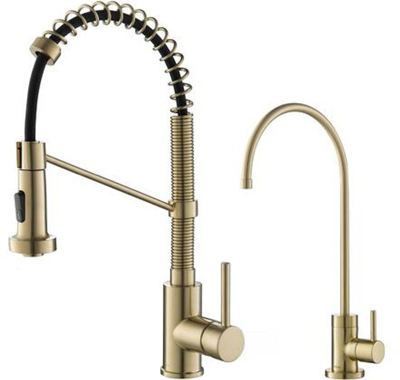 Kraus KPF-1610-FF-100BG Bolden Commercial Style Pull-Down Kitchen Faucet and Purita Water Filter Faucet Combo in Brushed Gold