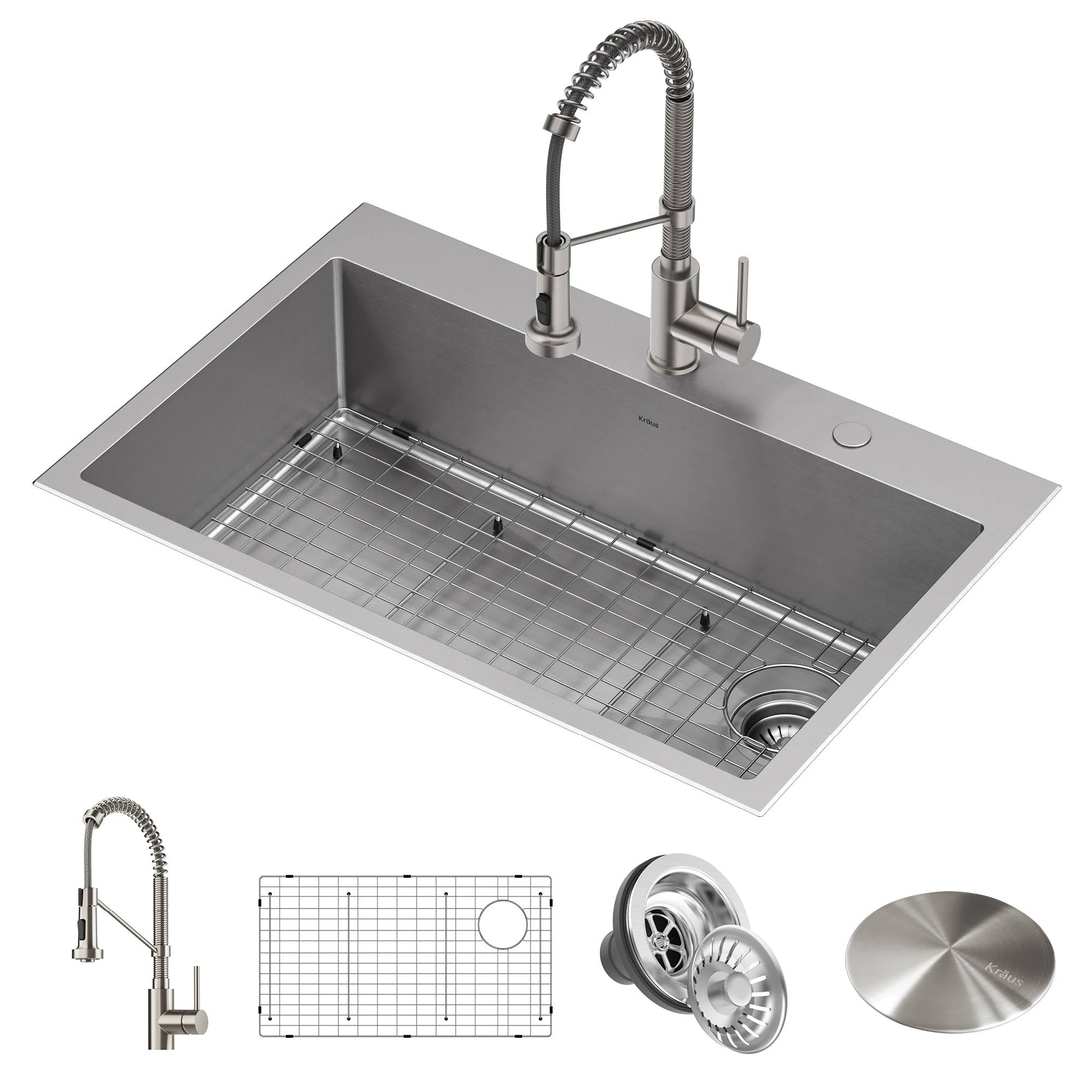 Kraus Loften All-in-One Dual Mount Stainless Steel 33in. Single Bowl Kitchen Sink with Pull Down Faucet in Spot Free Stainless,