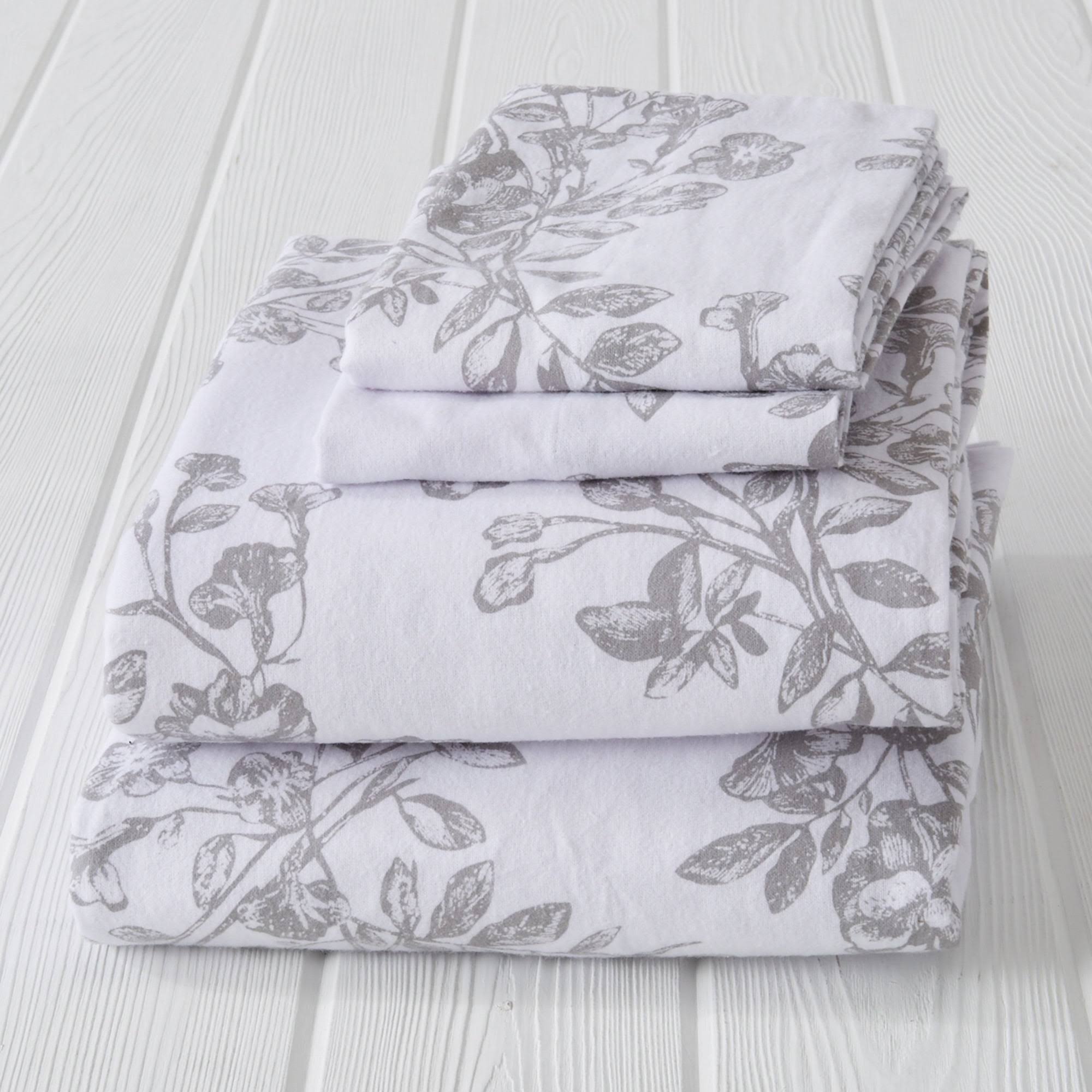 Great Bay Home 100% Cotton Flannel Toile Print Sheet Set Queen Grey