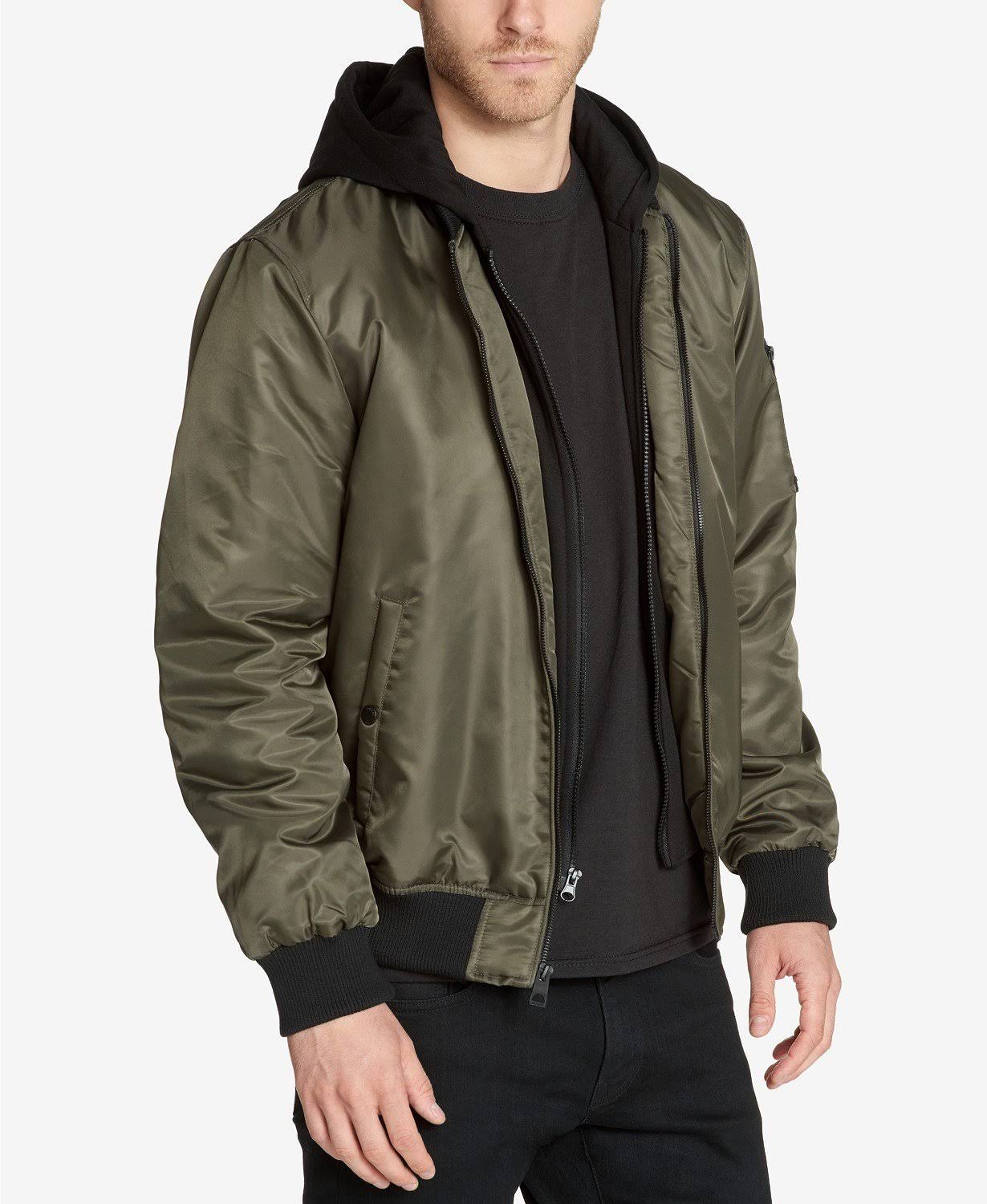 Guess Men&s Bomber Jacket with Removable Hooded Inset Small Olive