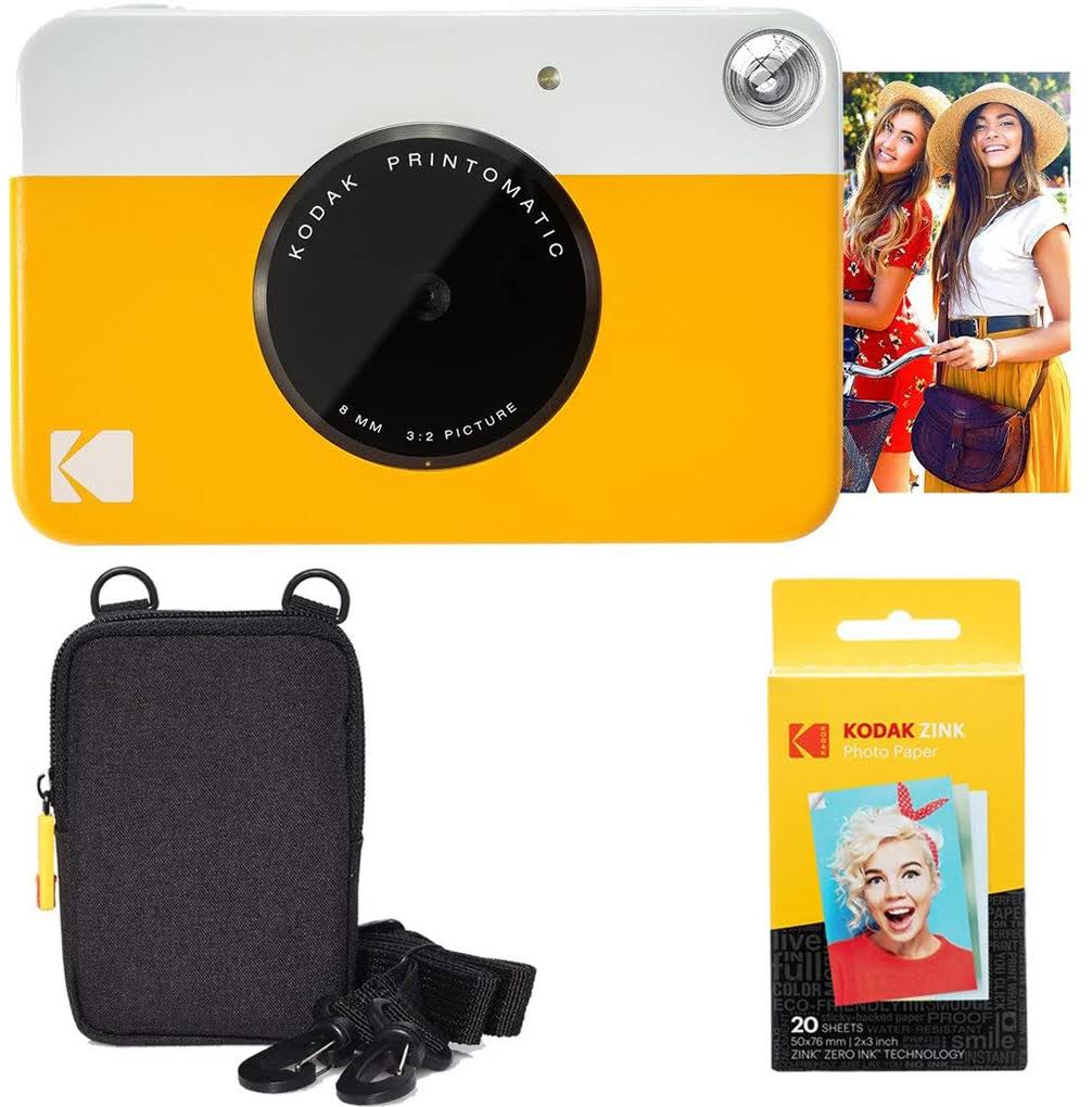 Kodak Printomatic Instant Camera Yellow Basic Bundle + Zink Paper 20 Sheets + Deluxe Case + Comfortable Neck Strap