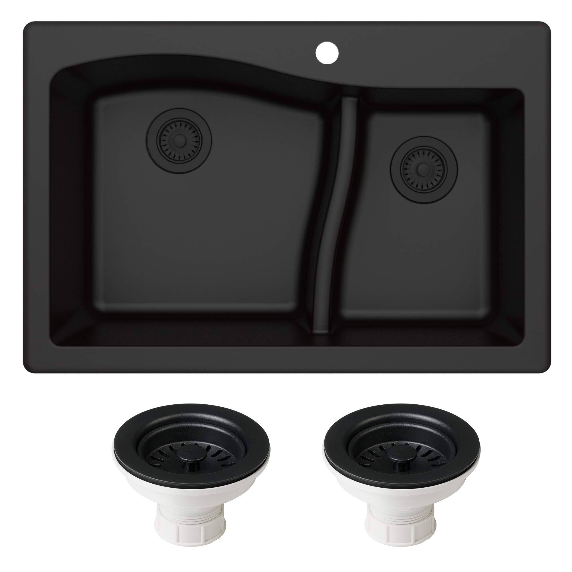 Kraus KGD-442BLACK-PST1-BL Quarza 33 inch Dual Mount 60/40 Double Bowl Granite Kitchen Sink and Strainers in Black