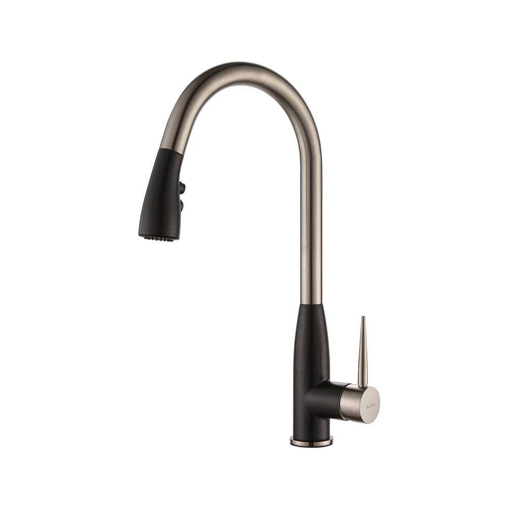 Kraus Geo Arch Single-Handle Pull-Down Sprayer Kitchen Faucet with Soap Dispenser in Stainless Steel/Black Onyx