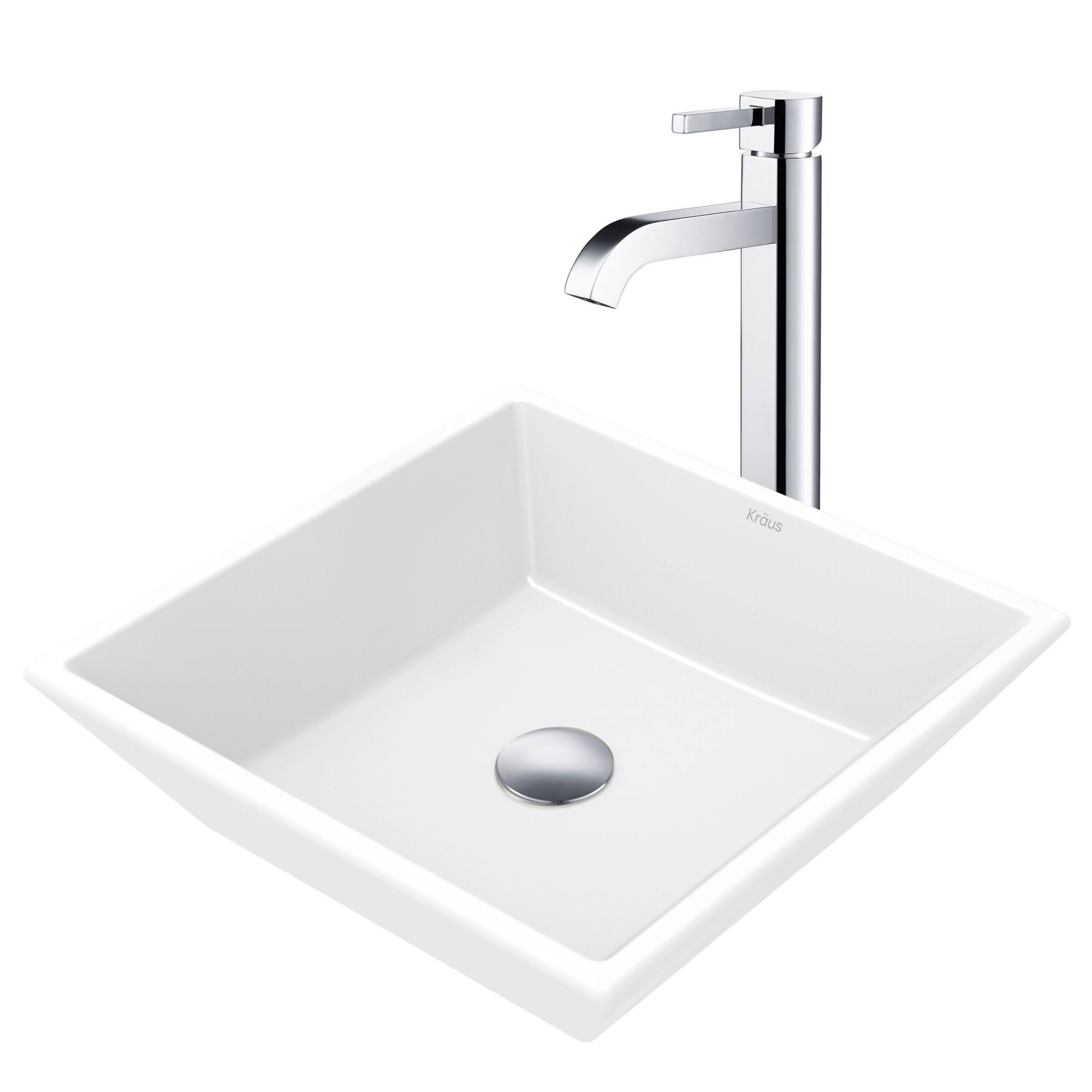 Kraus C-KCV-125-1007CH White Square Ceramic Sink and Ramus Faucet Chrome