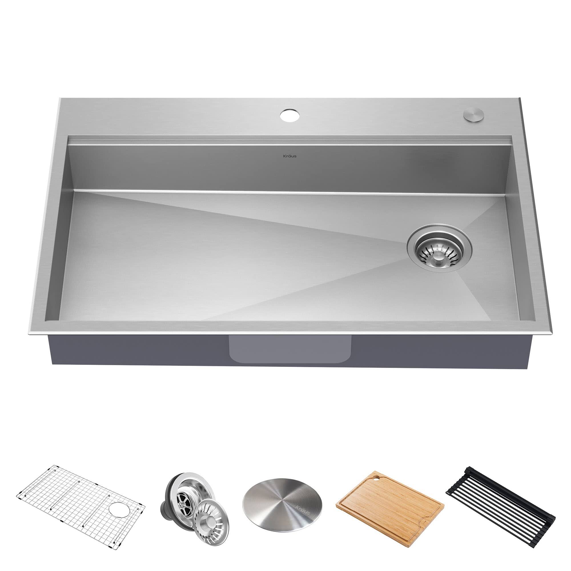 Kraus KWT310-33/5.5 33 inch Kore ADA Workstation Drop-In Topmount 16 Gauge Stainless Steel Single Bowl Kitchen Sink with Accesso