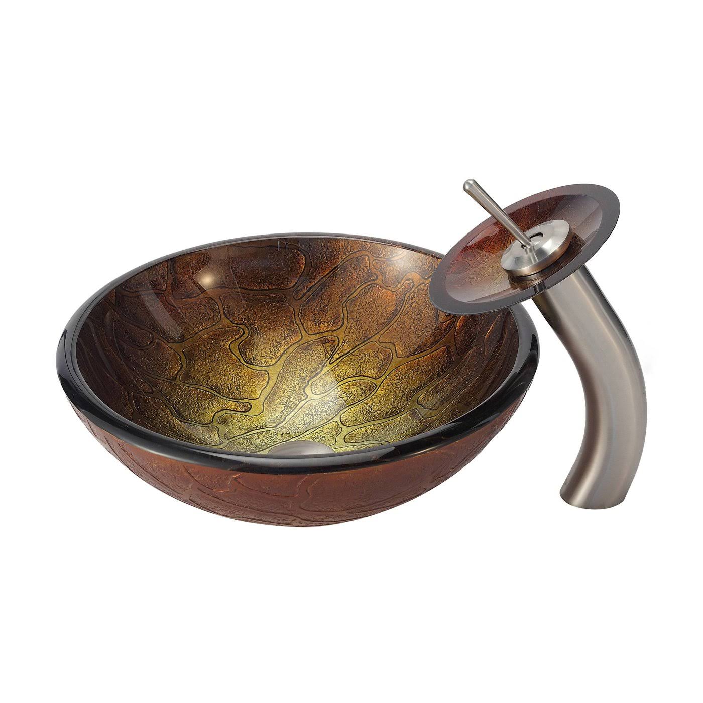 Kraus Triton Glass Vessel Sink with Waterfall Faucet in Satin Nickel