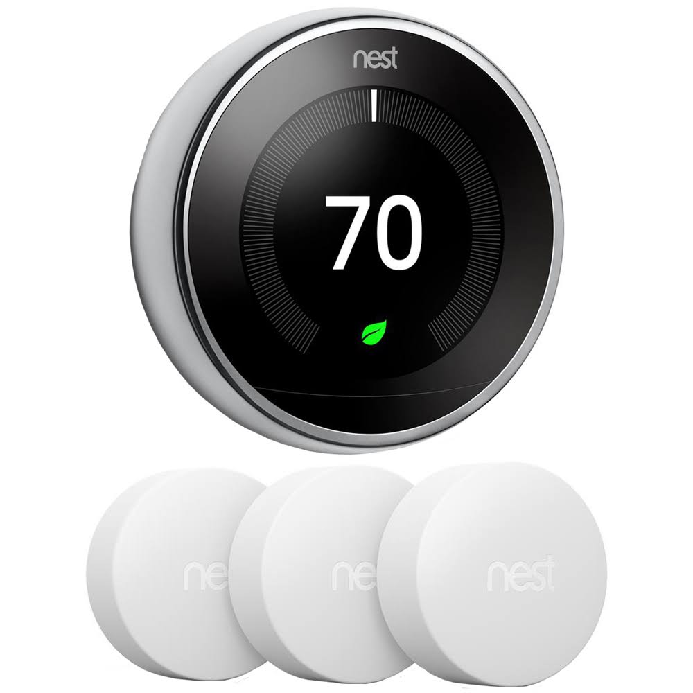 Google Nest Learning Thermostat 3rd Gen, Polished Steel W 3X Temperature Sensor