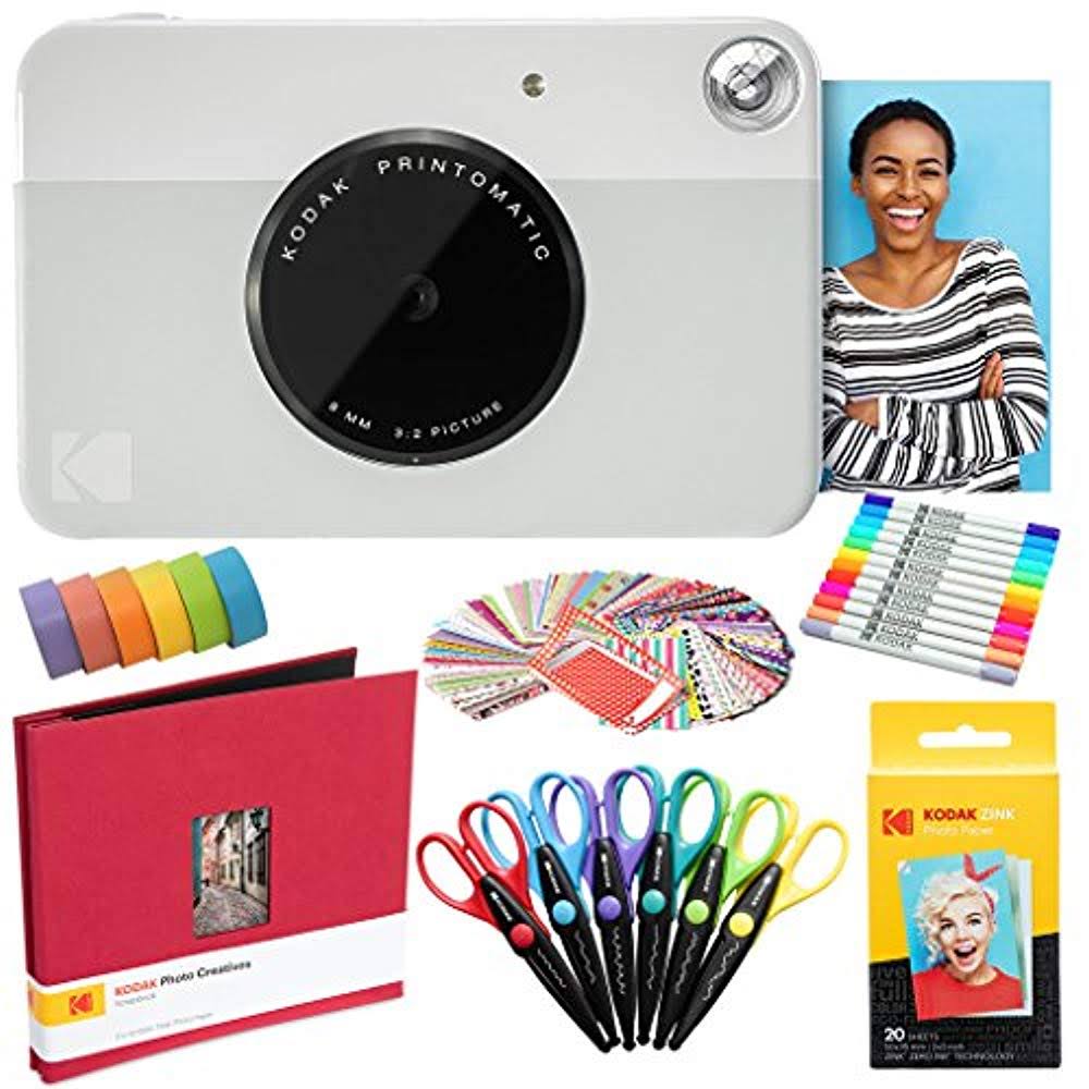 Kodak Printomatic Instant Camera (Grey) Art Bundle + Zink Paper (20 Sheets) + 8x8 Cloth Scrapbook + 12 Twin Tip Markers + 100 Bo
