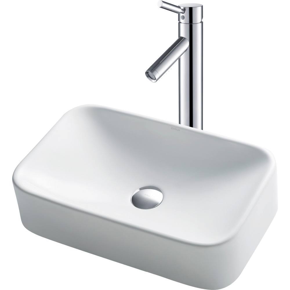 Kraus C-KCV-122-1002SN White Rectangular Ceramic Sink and Sheven Faucet Satin Nickel