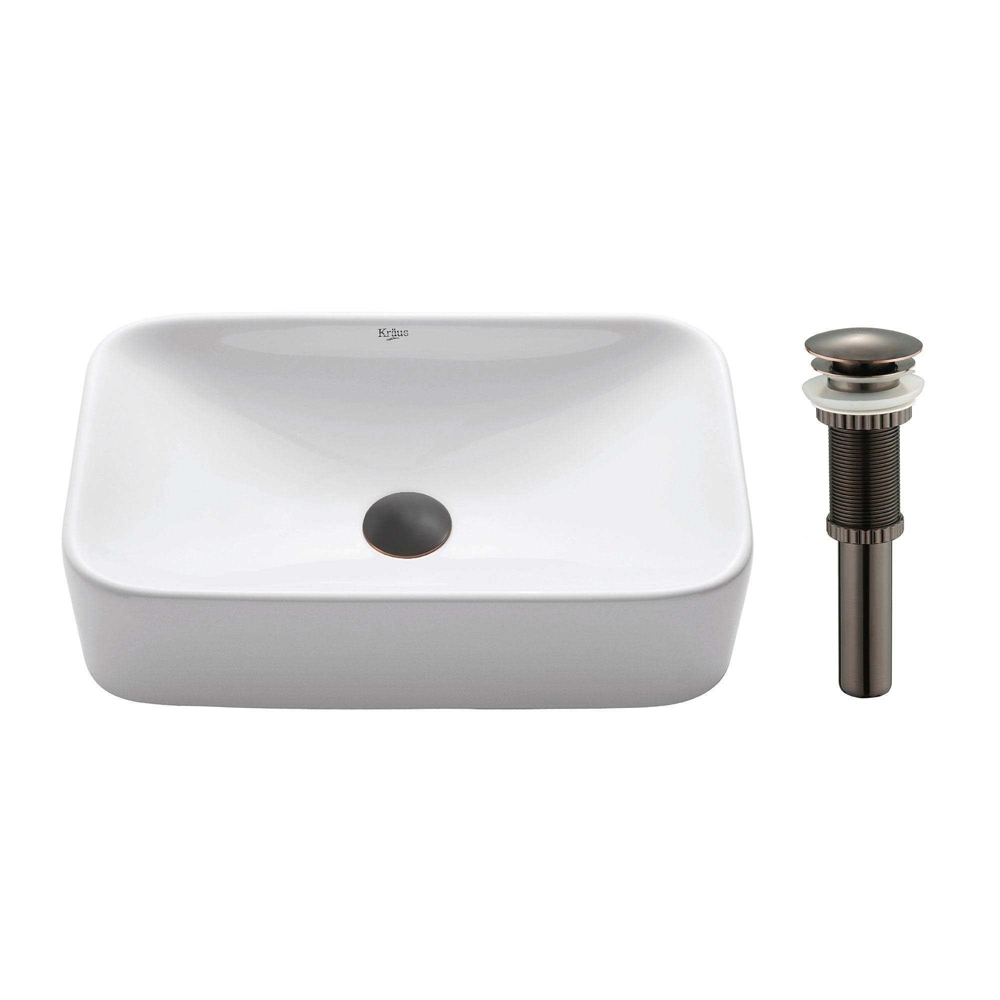 Kraus White Rectangular Ceramic Bathroom Sink with Pop Up Drain - Oil Rubbed Bronze KCV-122
