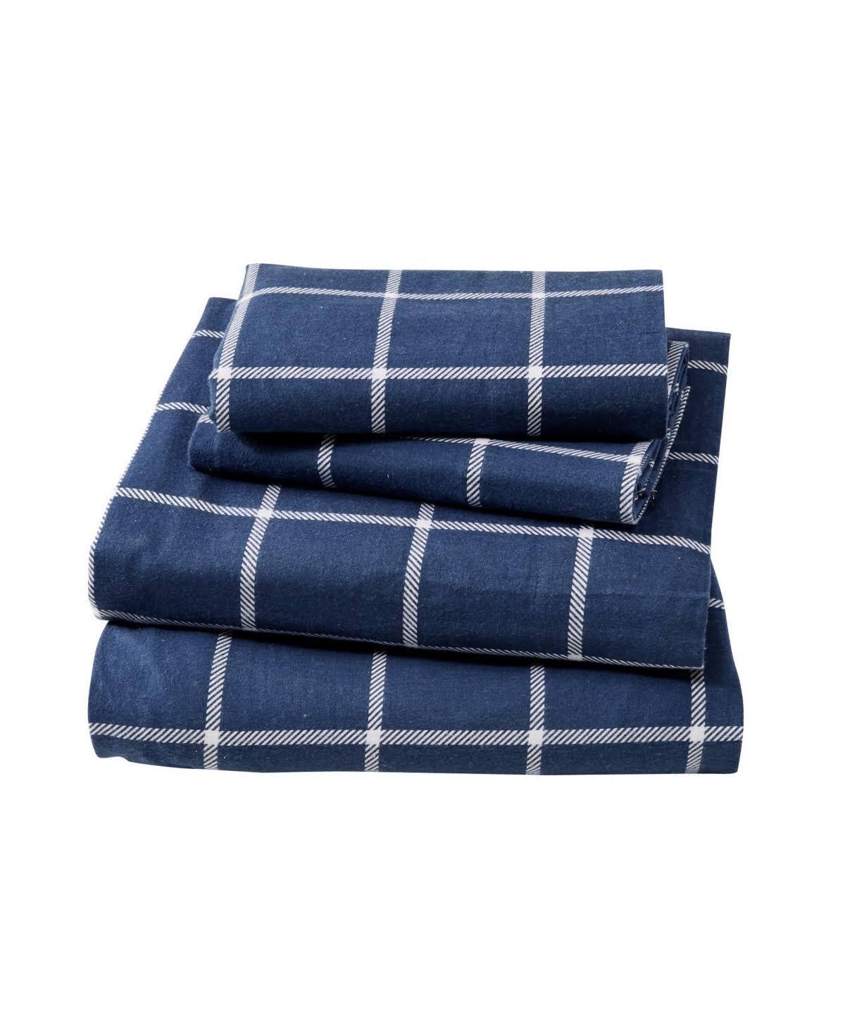 Great Bay Home 100% Cotton Flannel Windowpane Sheet Set Queen Navy / White