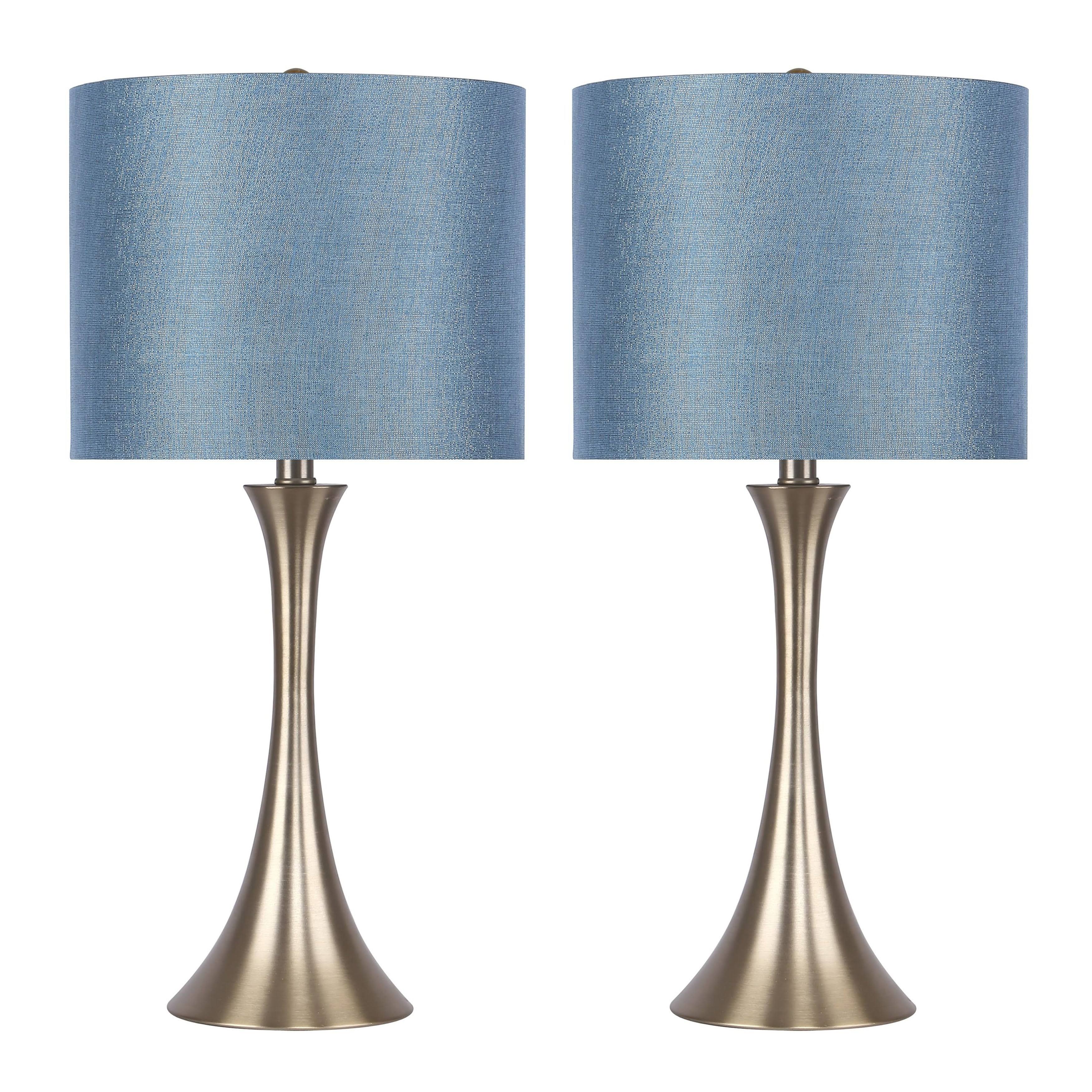 Gold Plated Table Lamps with Teal Sparkly Linen Shades 24x22 Set of 2