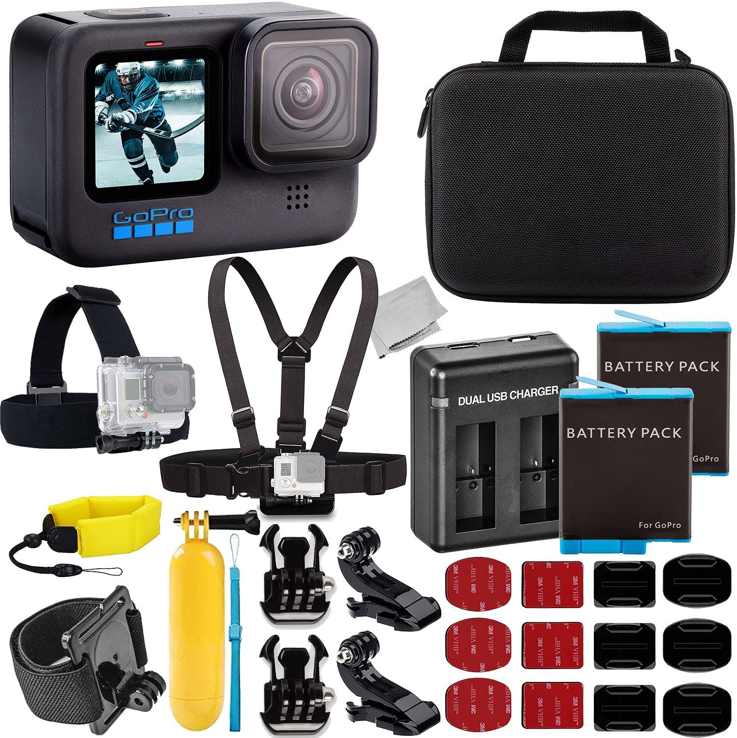 GoPro HERO10 (Hero 10) Black with Essential Accessory Bundle: 2x Replacement Batteries, Dual USB Charger, Water Resistant Action