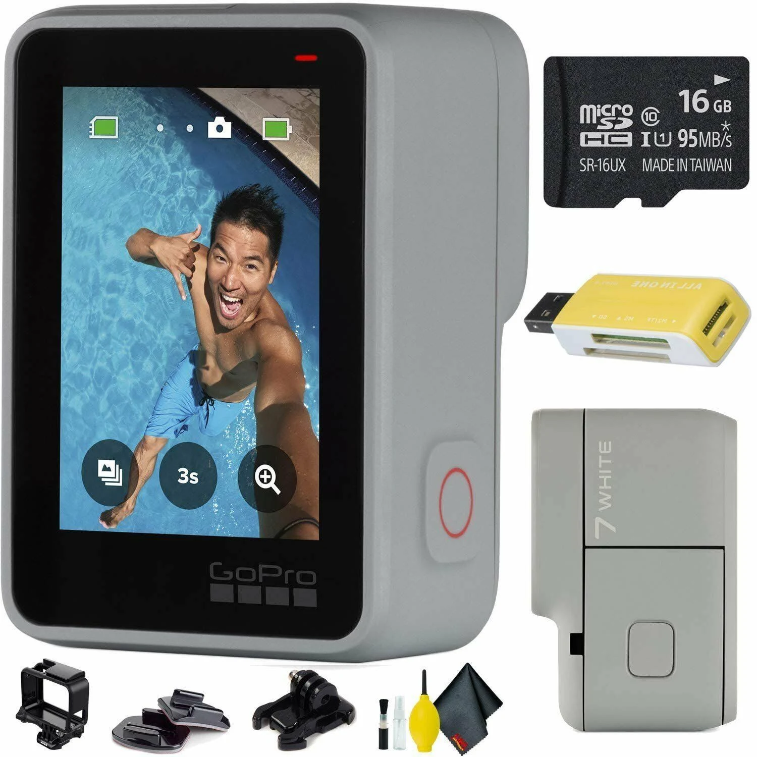 GoPro Hero7 White + Memory Card + Extra Battery + Cleaning Kit Combo