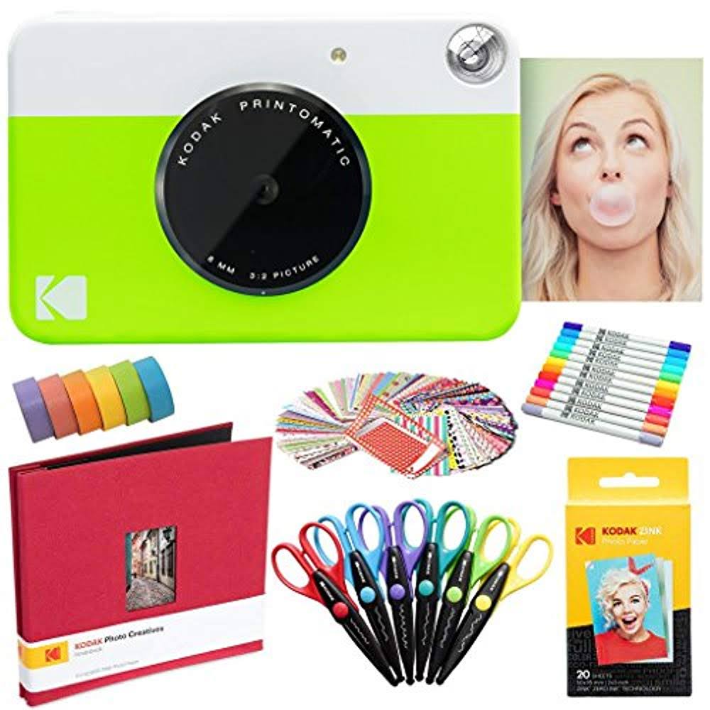 Kodak Printomatic Instant Camera (Green) Zink Paper (20 Sheets) + 8x8 Scrapbook + 12 Markers + 100 Stickers + 6 Scissors + Washi