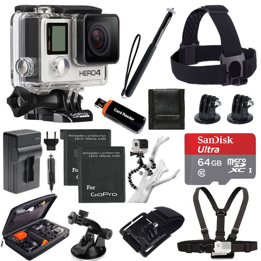 GoPro Hero4 Silver Edition + 2 Extra Battery +Head Strap + 64GB All in 1 Top Kit