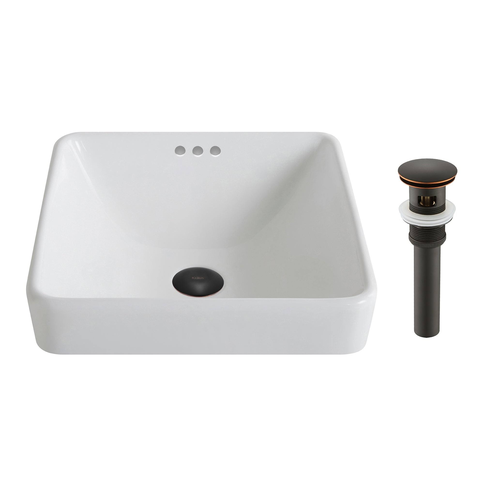 Kraus Elavo Series Square Ceramic Semi-Recessed Bathroom Sink in White with Overflow - Oil Rubbed Bronze KCR-281