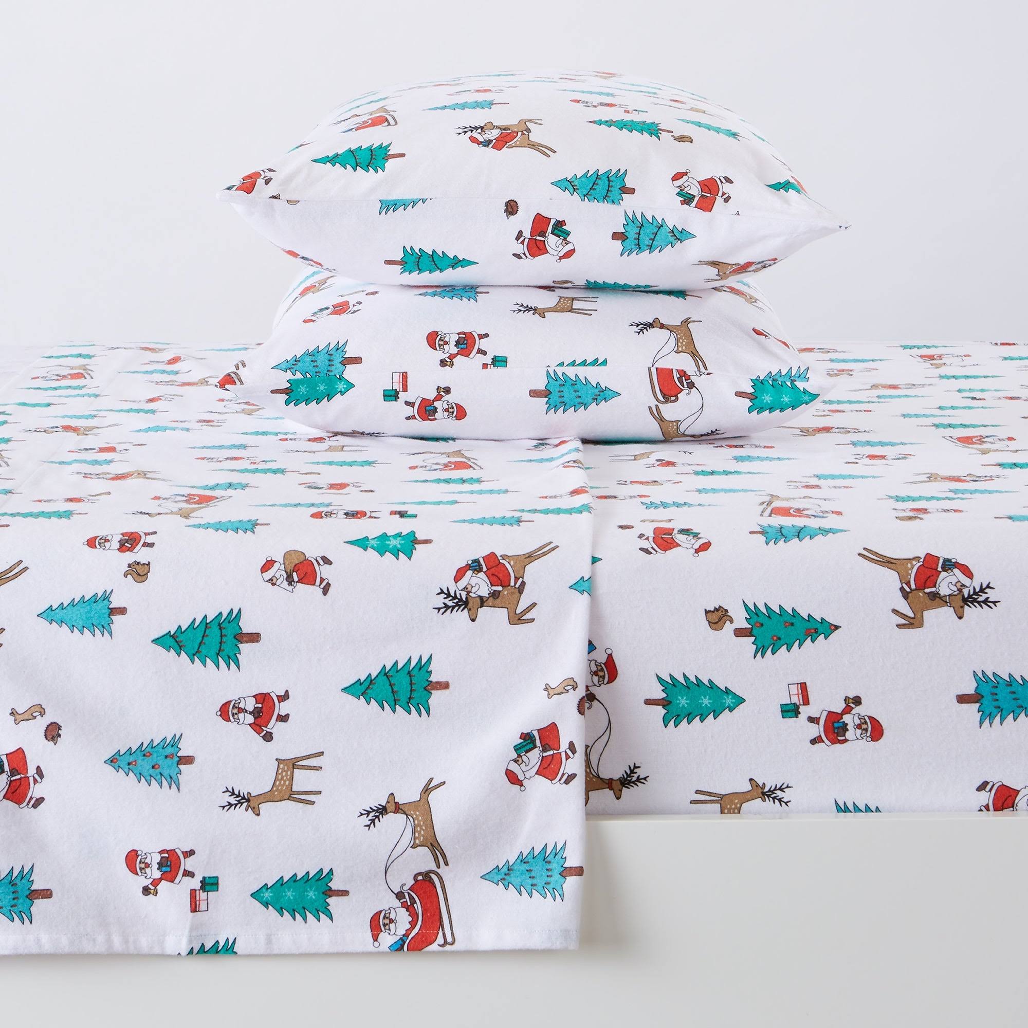 Great Bay Home 100% Cotton Flannel Holiday Printed Sheet Set Twin XL Santa