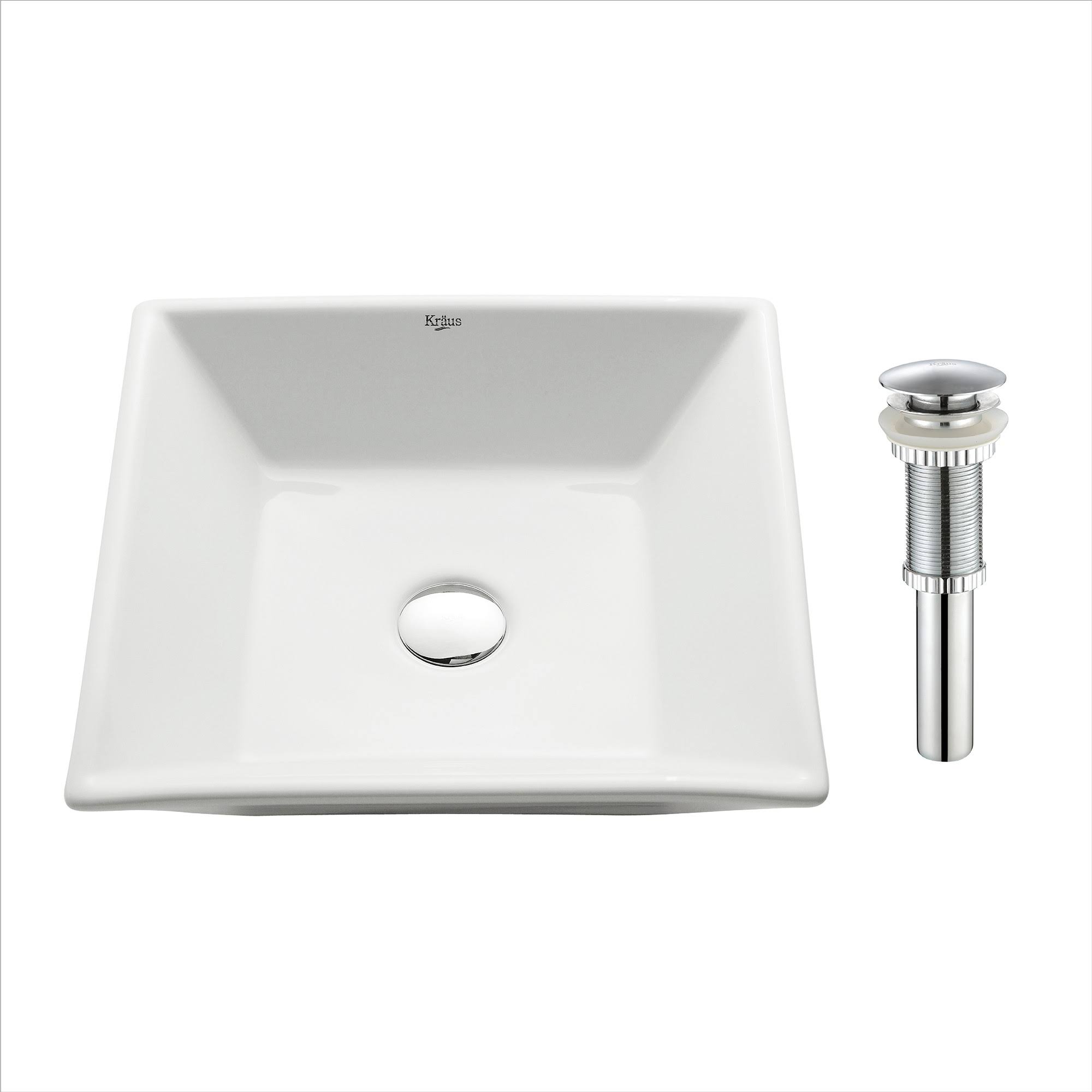 Kraus KCV-125-CH Flat Square Ceramic Vessel Bathroom Sink with Pop-Up Drain White - Chrome