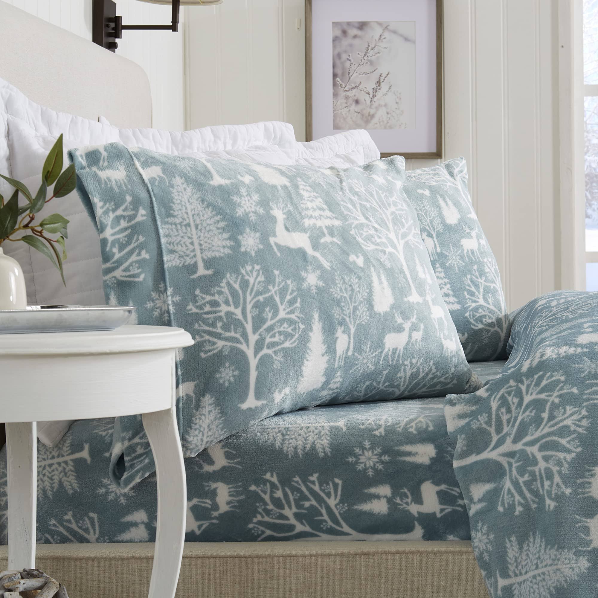 4-Piece Printed Plush Sheet - Velvet Luxe-Lattice Collection, California King, Enchanted Woods - Blue by Great Bay Home