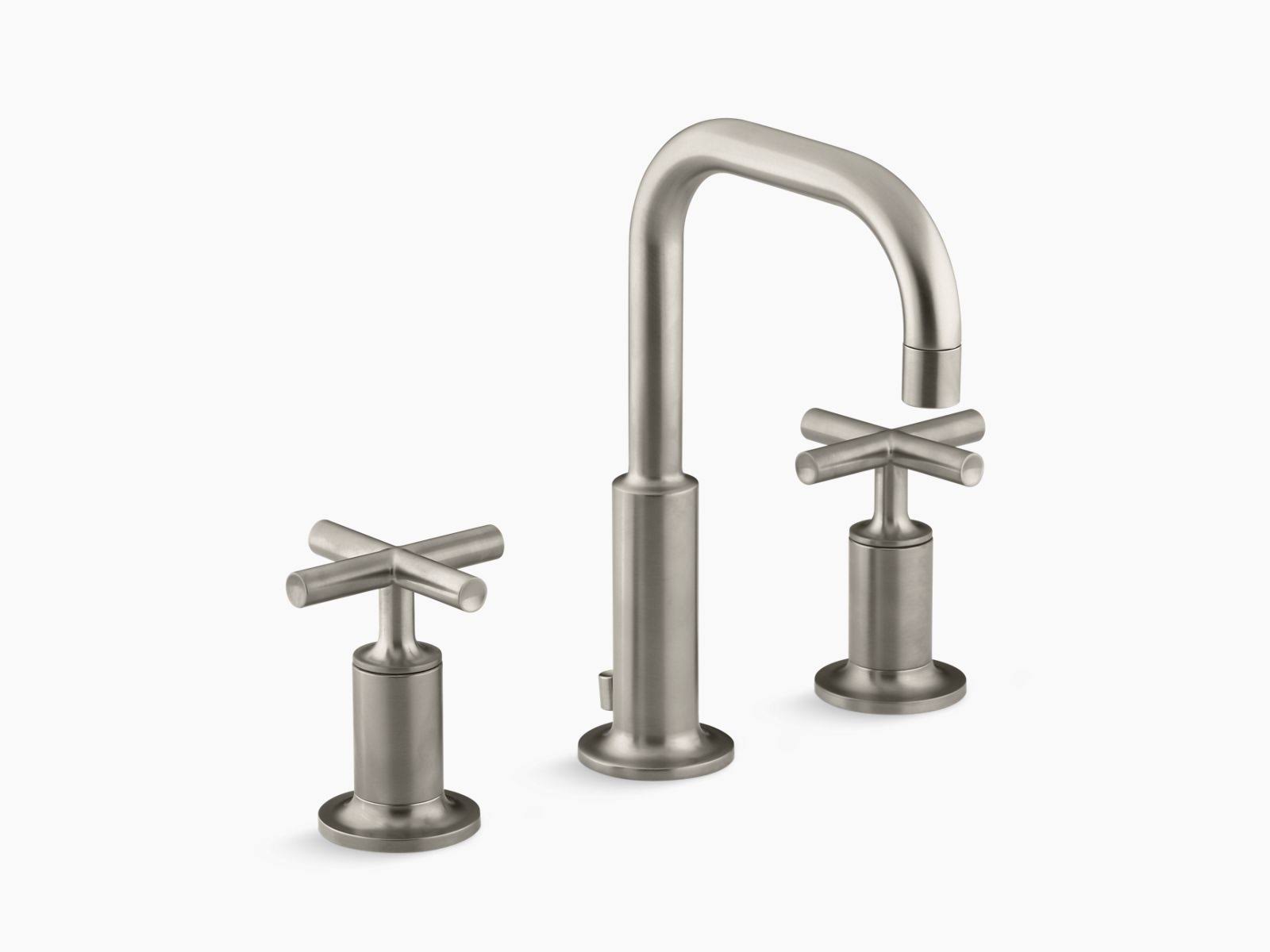 Kohler K-14406-3-BN Brushed Nickel Purist Widespread Bathroom Faucet with Low Gooseneck Spout and Low Cross Handles