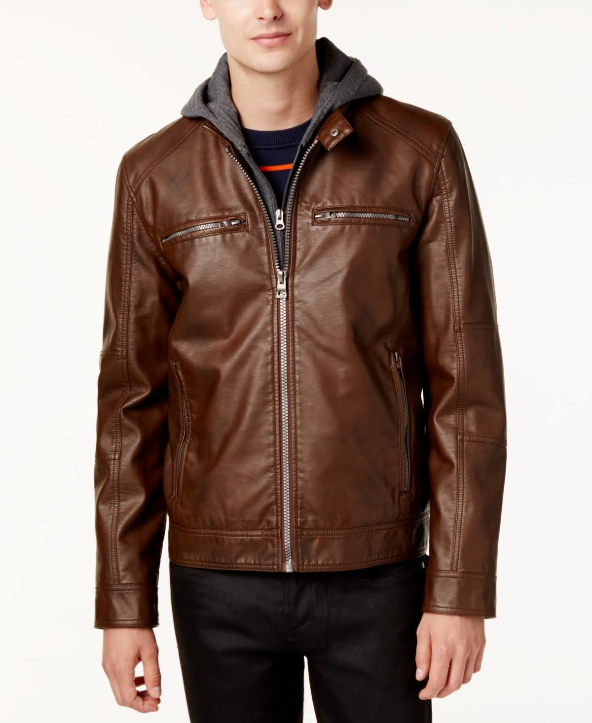 Guess Men&s Faux-Leather Detachable-Hood Motorcycle Jacket - Brown