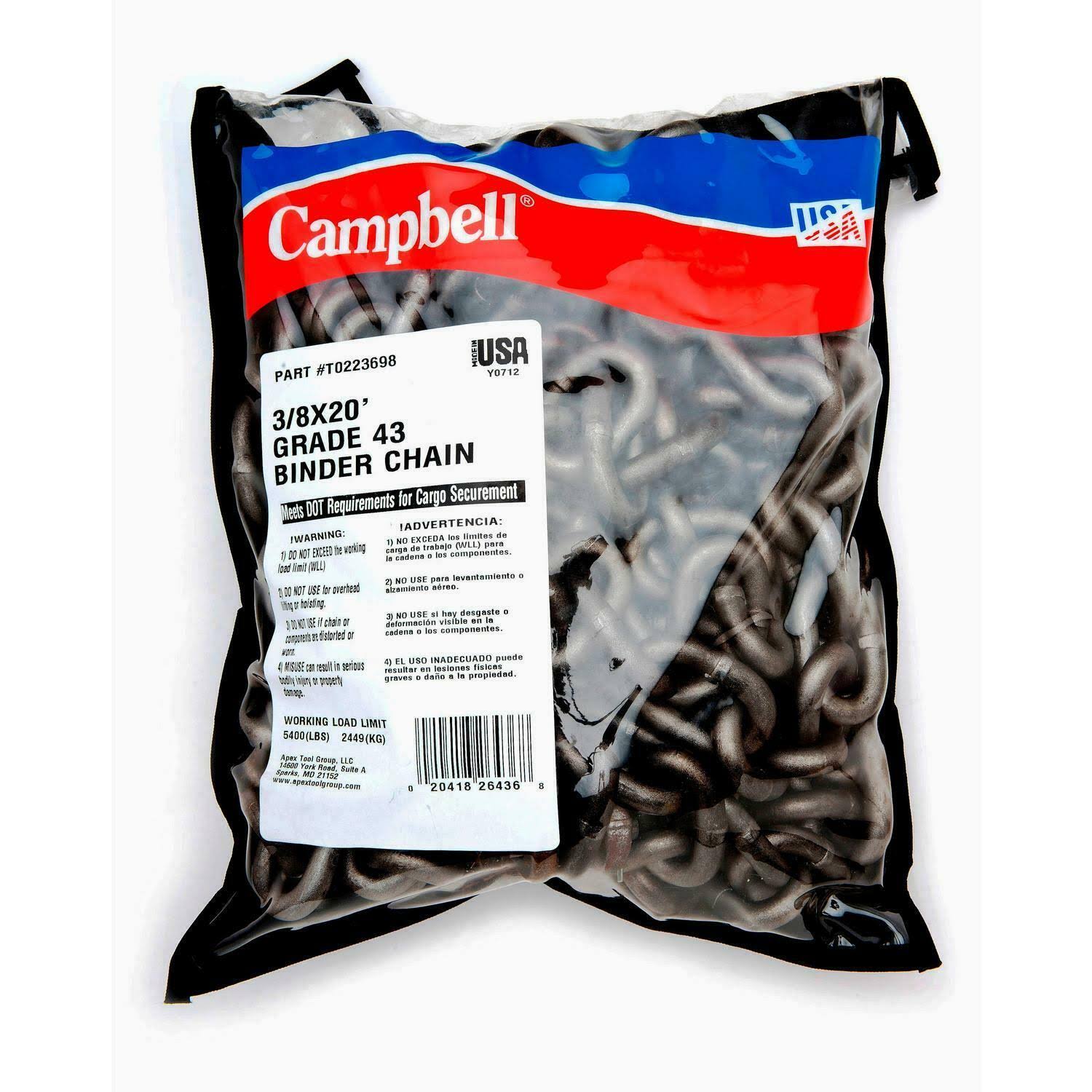 Campbell T0222725 3/8x22 x 16& Grade 43 High Test Binder Chain w/Clevis Grab Hooks, 1 per Bag